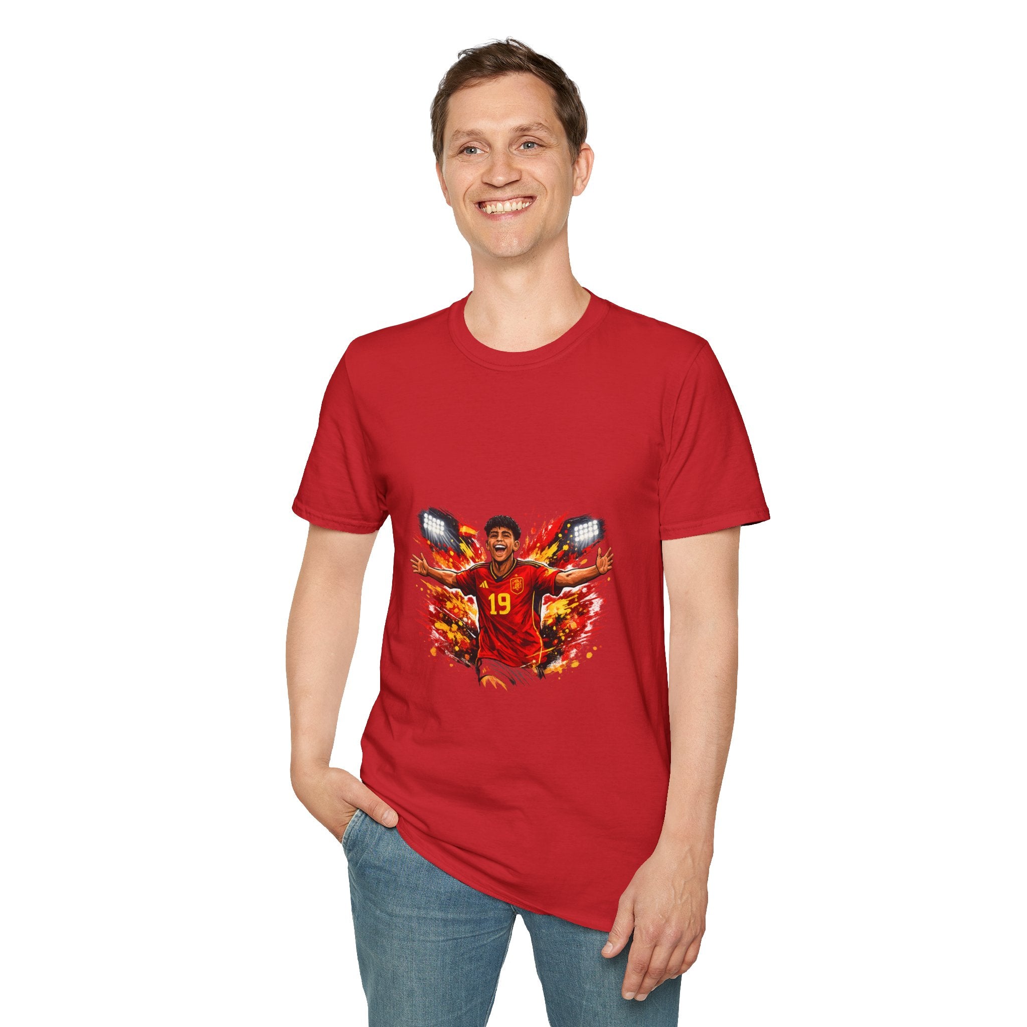Spain Soccer Fan Portrait T‑Shirt – Fiery Goal Celebration Design
