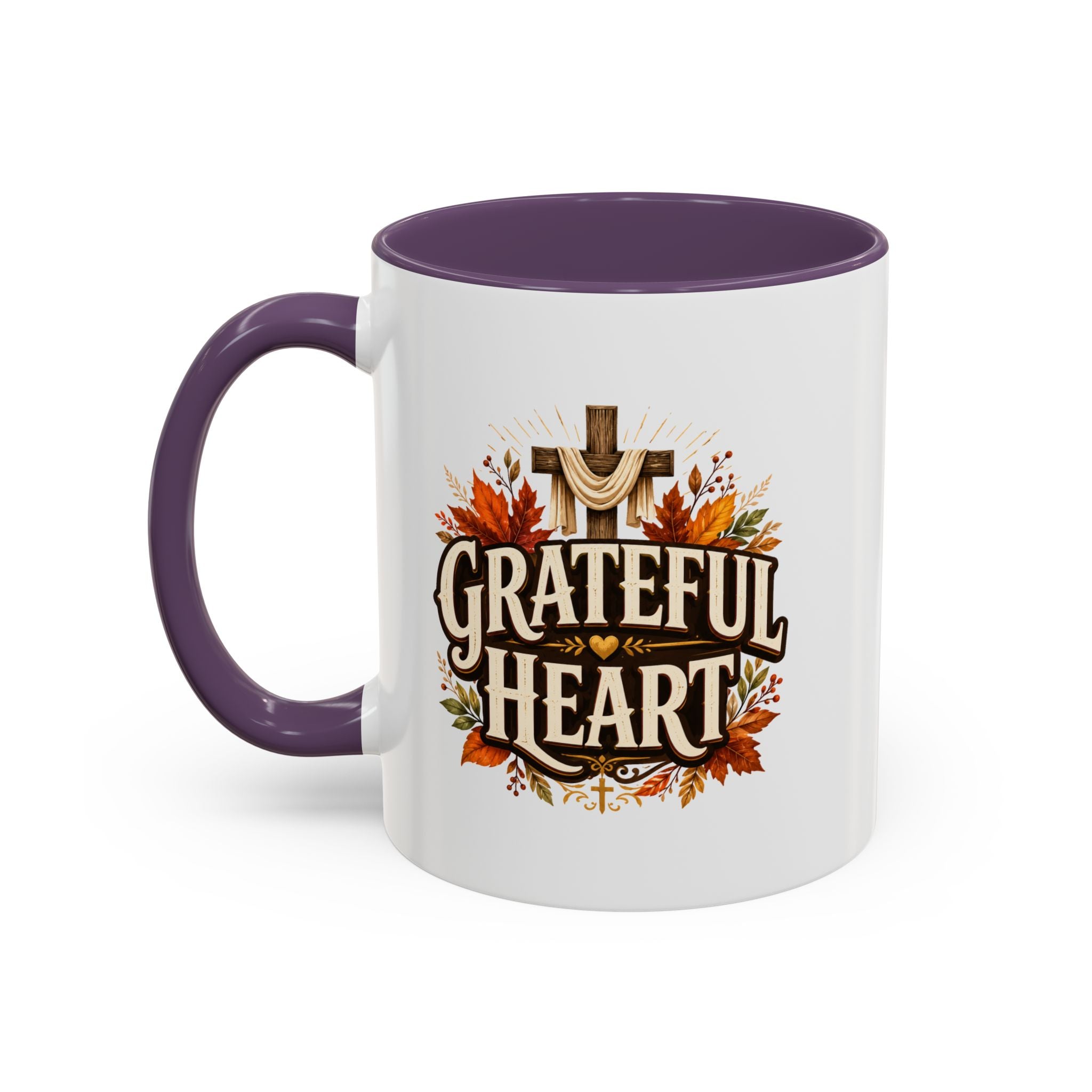 Thanksgiving Mug Grateful Heart Accent Coffee Mug – Autumn Leaves & Cross Spiritual Thanksgiving Gift
