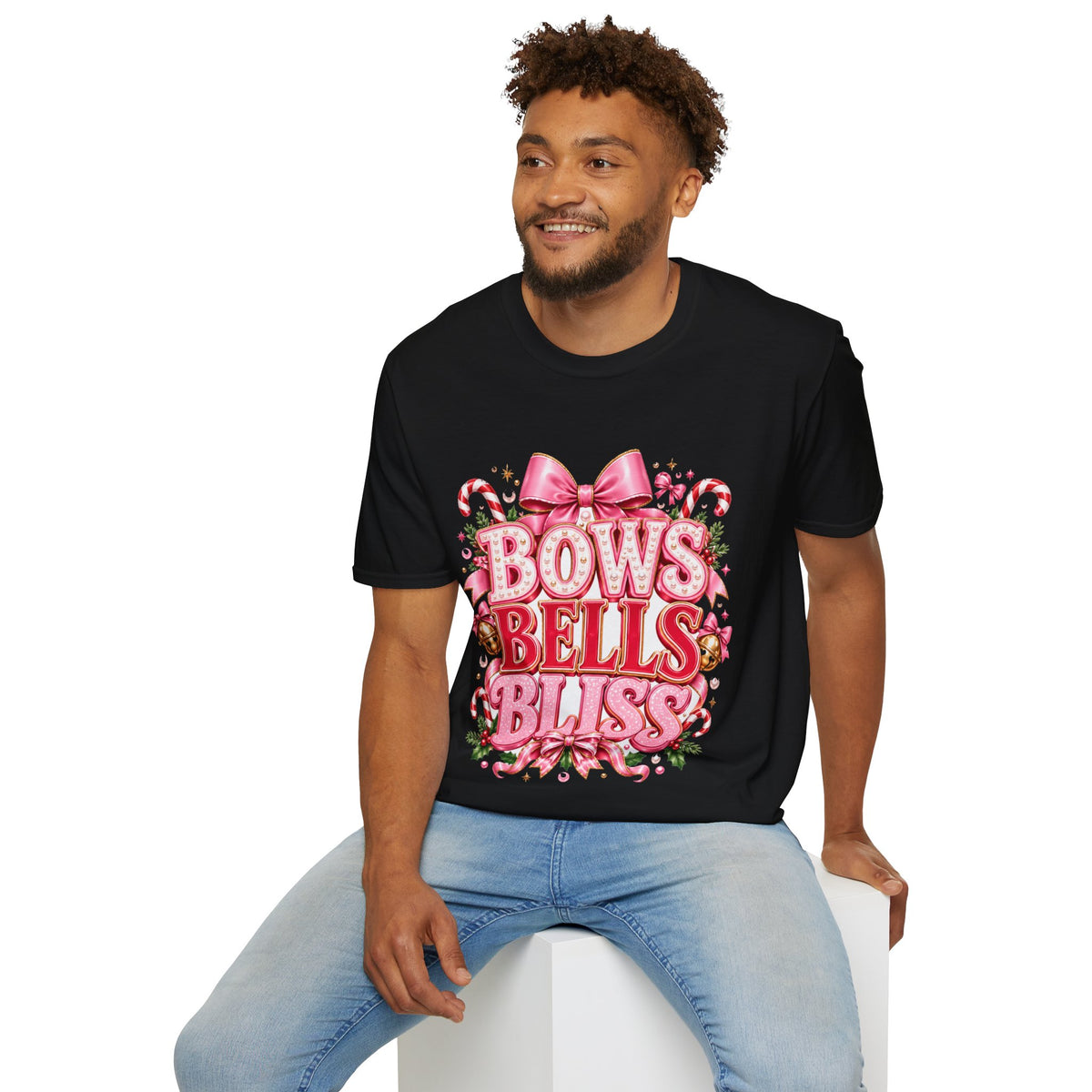 Bows Bells Bliss Christmas T‑Shirt — Pink Holiday Bow Graphic