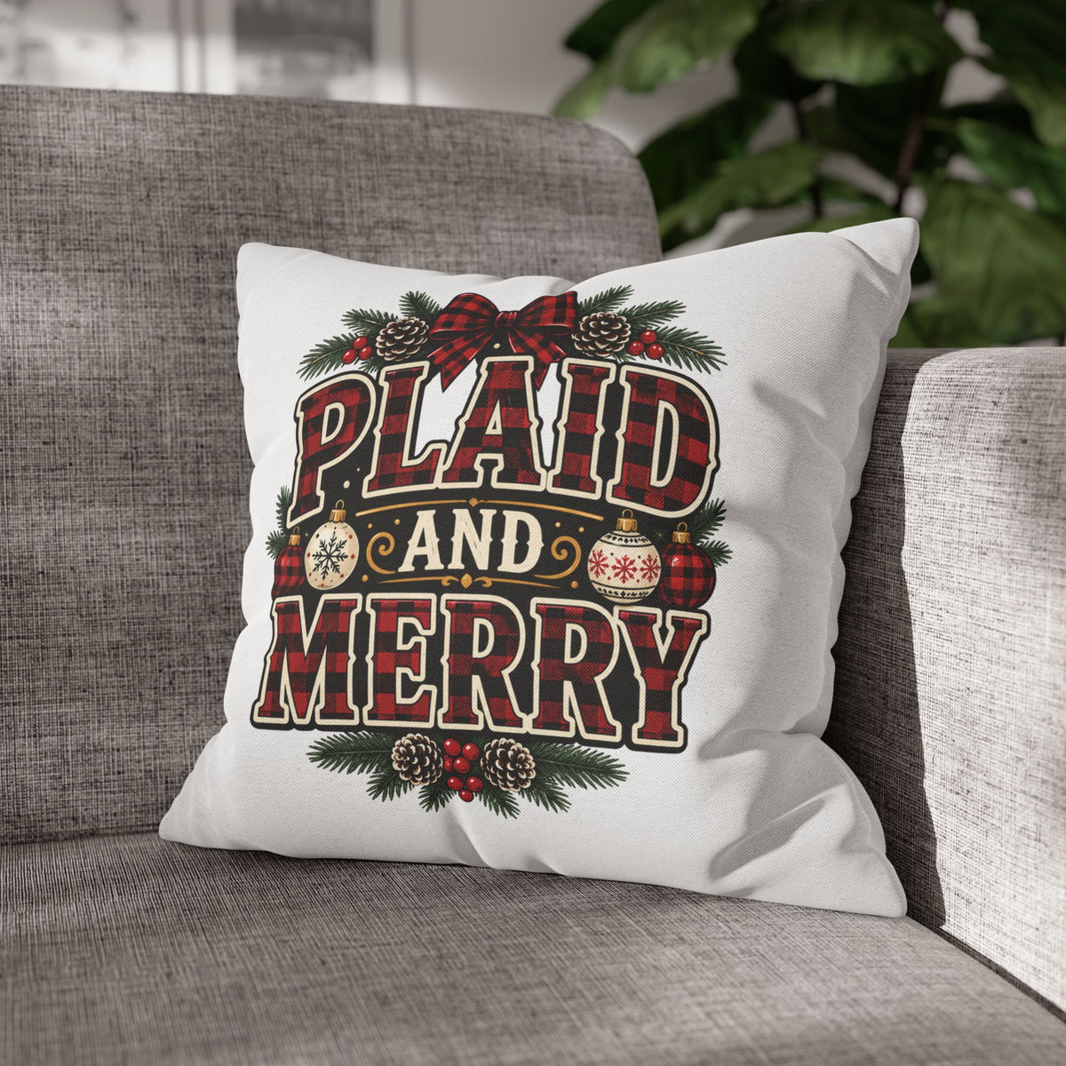 Plaid and Merry Christmas Throw Pillowcase — Festive Buffalo Plaid Holiday Decor