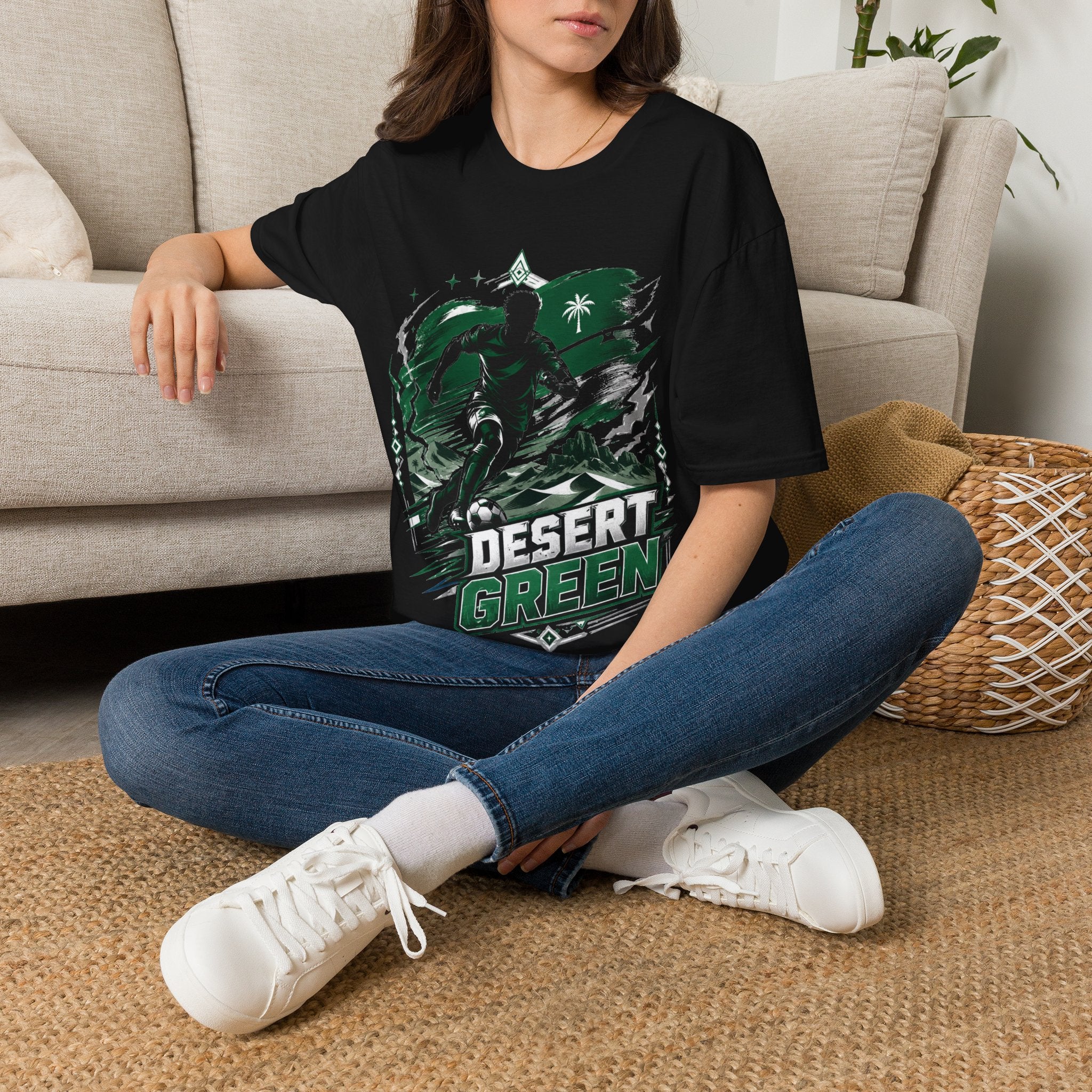Saudi Arabia Desert Green Soccer T-Shirt — Silhouette Player Graphic