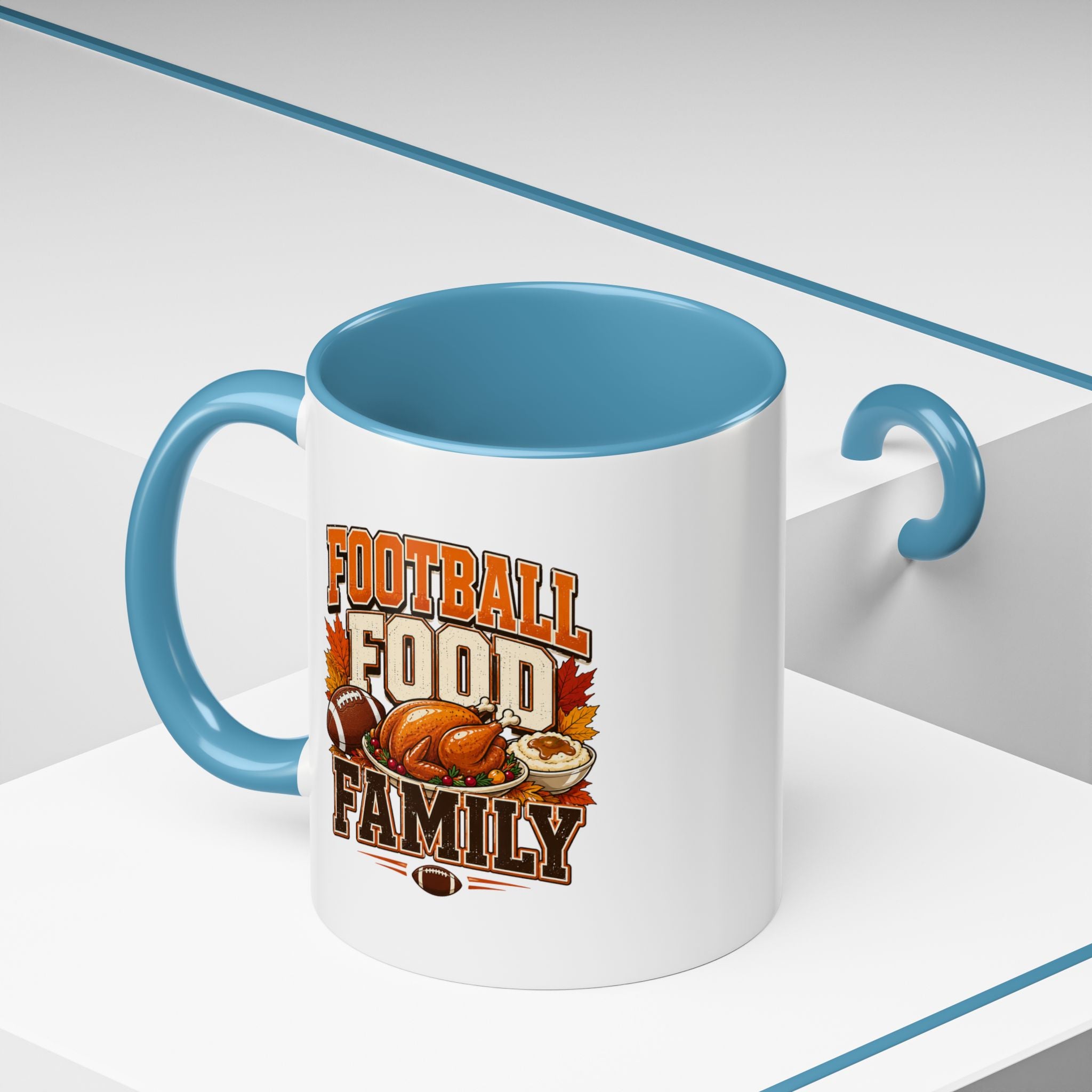 Thanksgiving Mug Football, Food & Family Coffee Mug — Thanksgiving Game Day Accent Mug