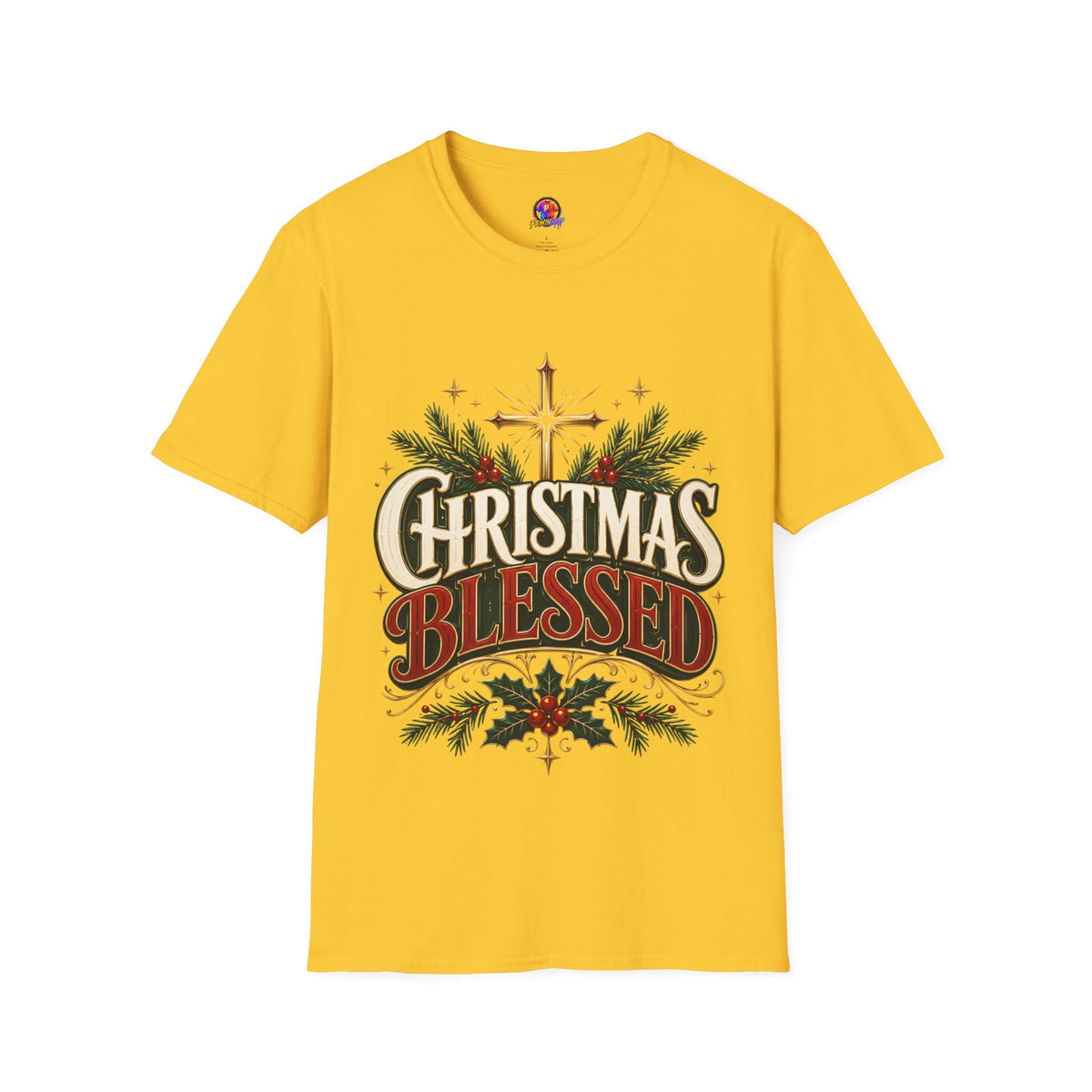 Christmas Blessed T-Shirt — Faith-Based Holiday Tee with Cross & Pine Design