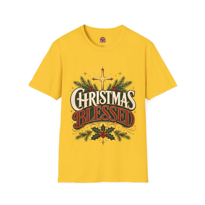 Christmas Blessed T-Shirt — Faith-Based Holiday Tee with Cross & Pine Design