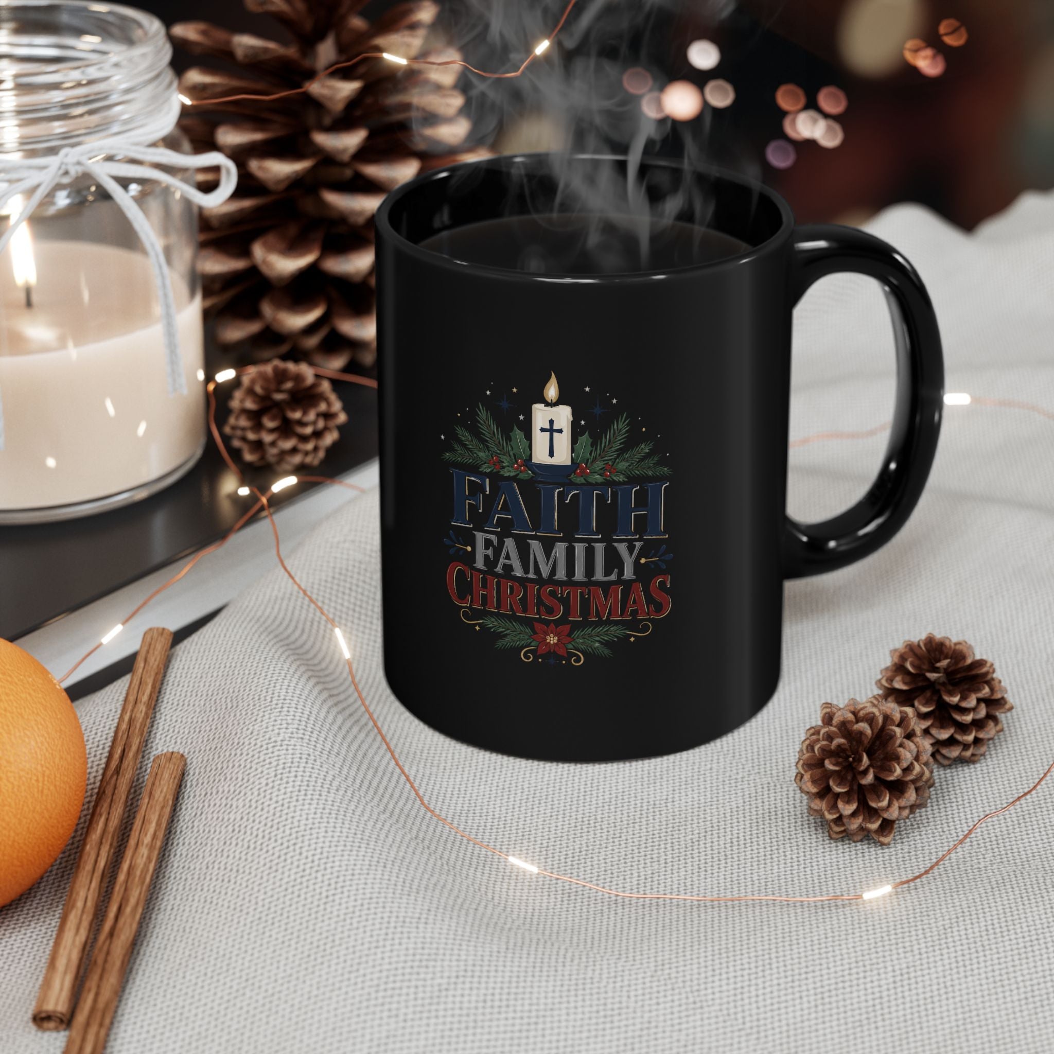 Christmas  Faith Family Christmas  Black Mug – Religious Holiday Coffee Cup
