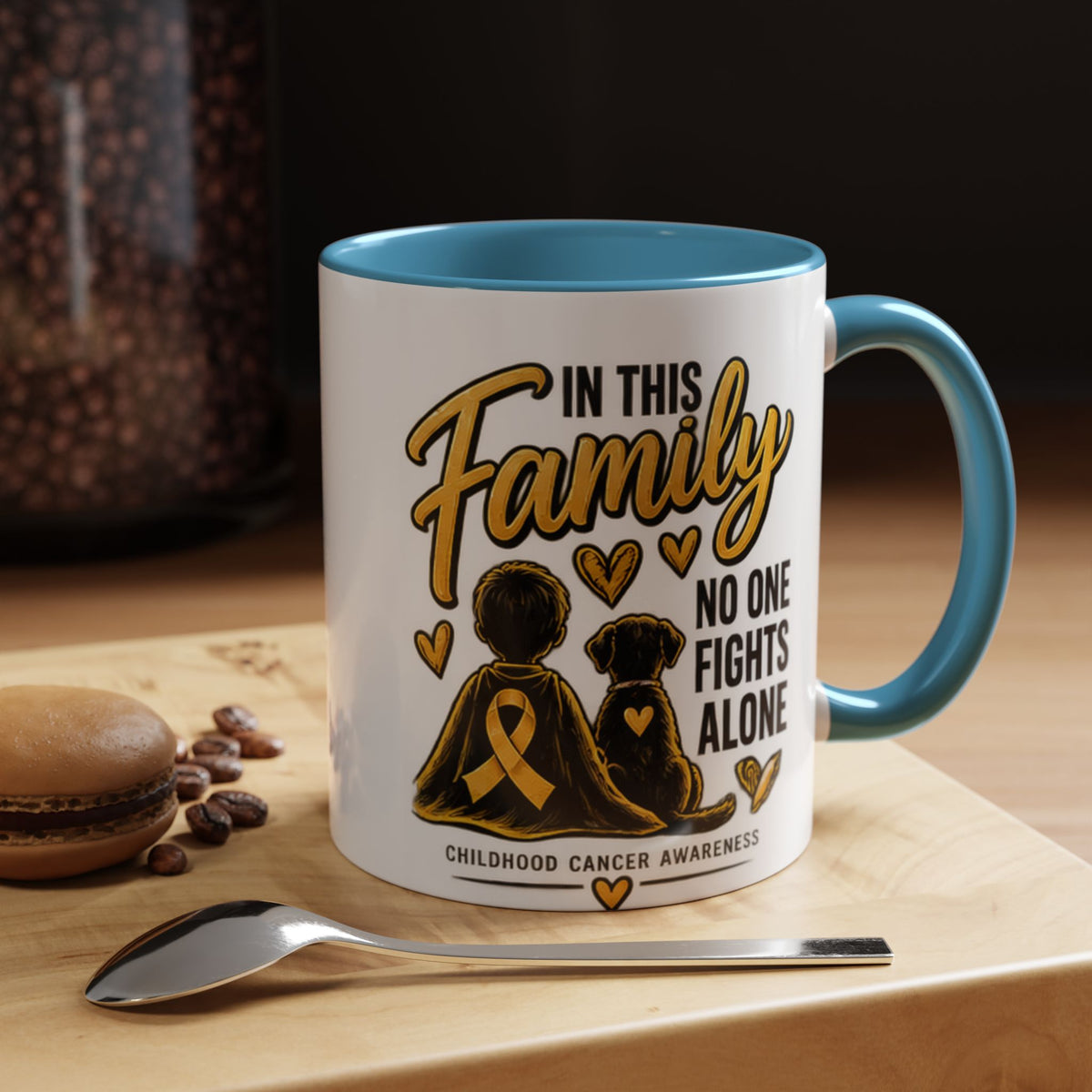 Childhood Cancer Awareness Accent Coffee Mug – "In This Family No One Fights Alone" (11/15oz)