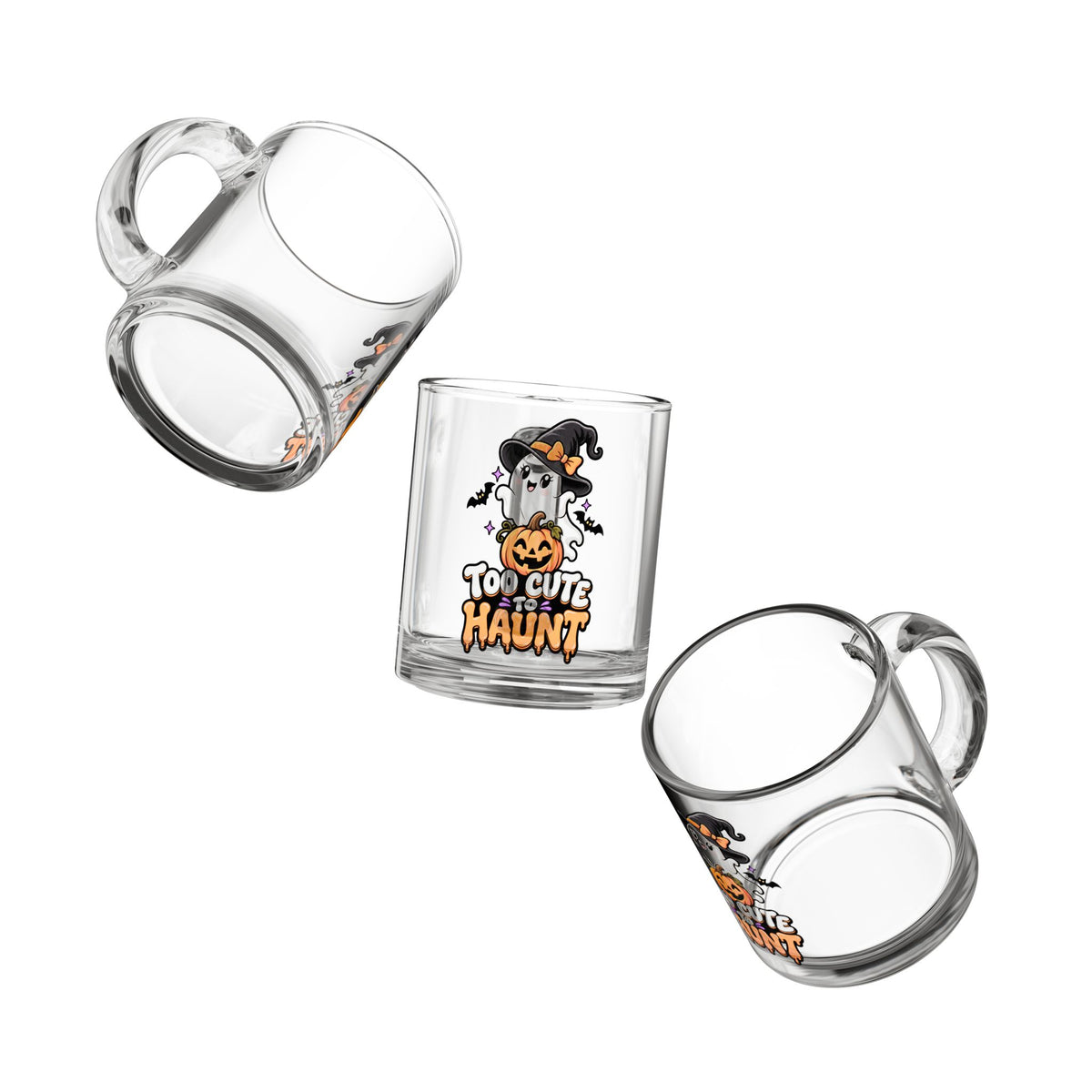 Glass Mug — 'Too Cute to Haunt' Halloween Ghost Pumpkin Coffee Cup (10 oz)