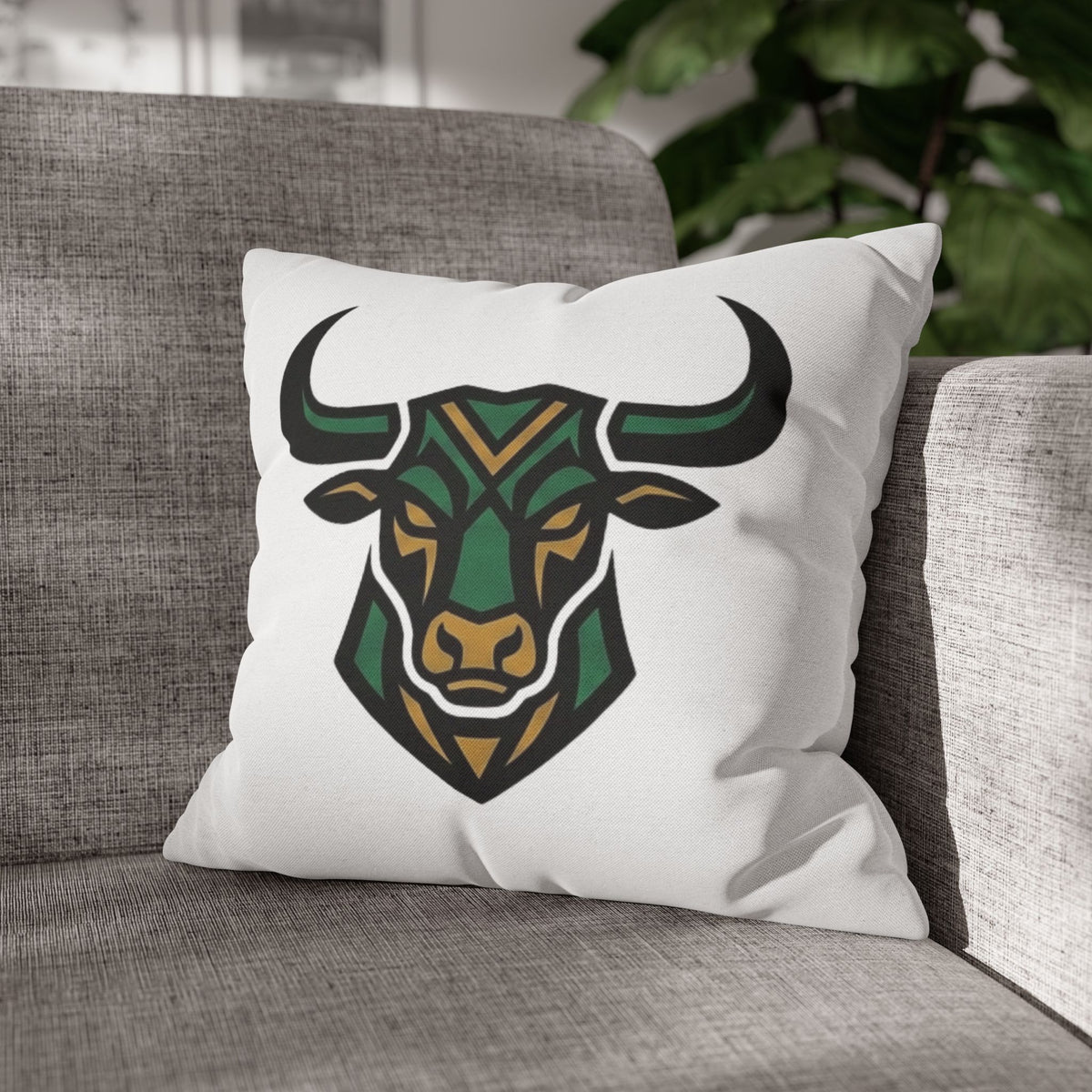 Taurus Geometric Bull Throw Pillowcase — Green Tribal Bull Accent Pillow
