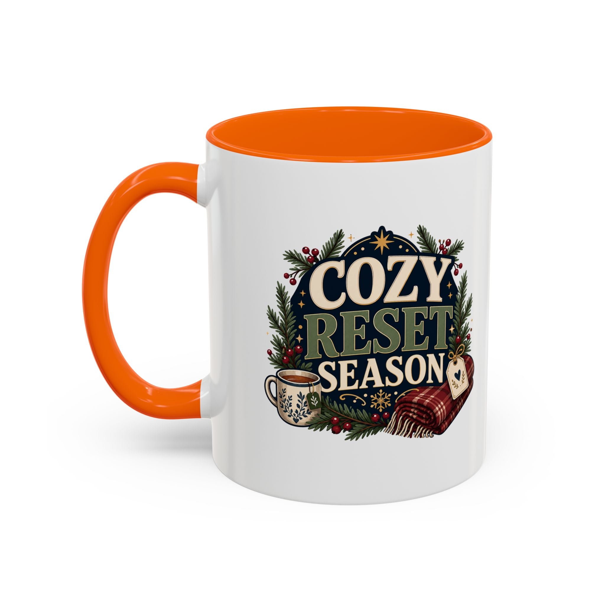 Modern Day Christmas Cozy Reset Season Mug — Holiday Coffee Cup with Blanket & Tea Tag Design