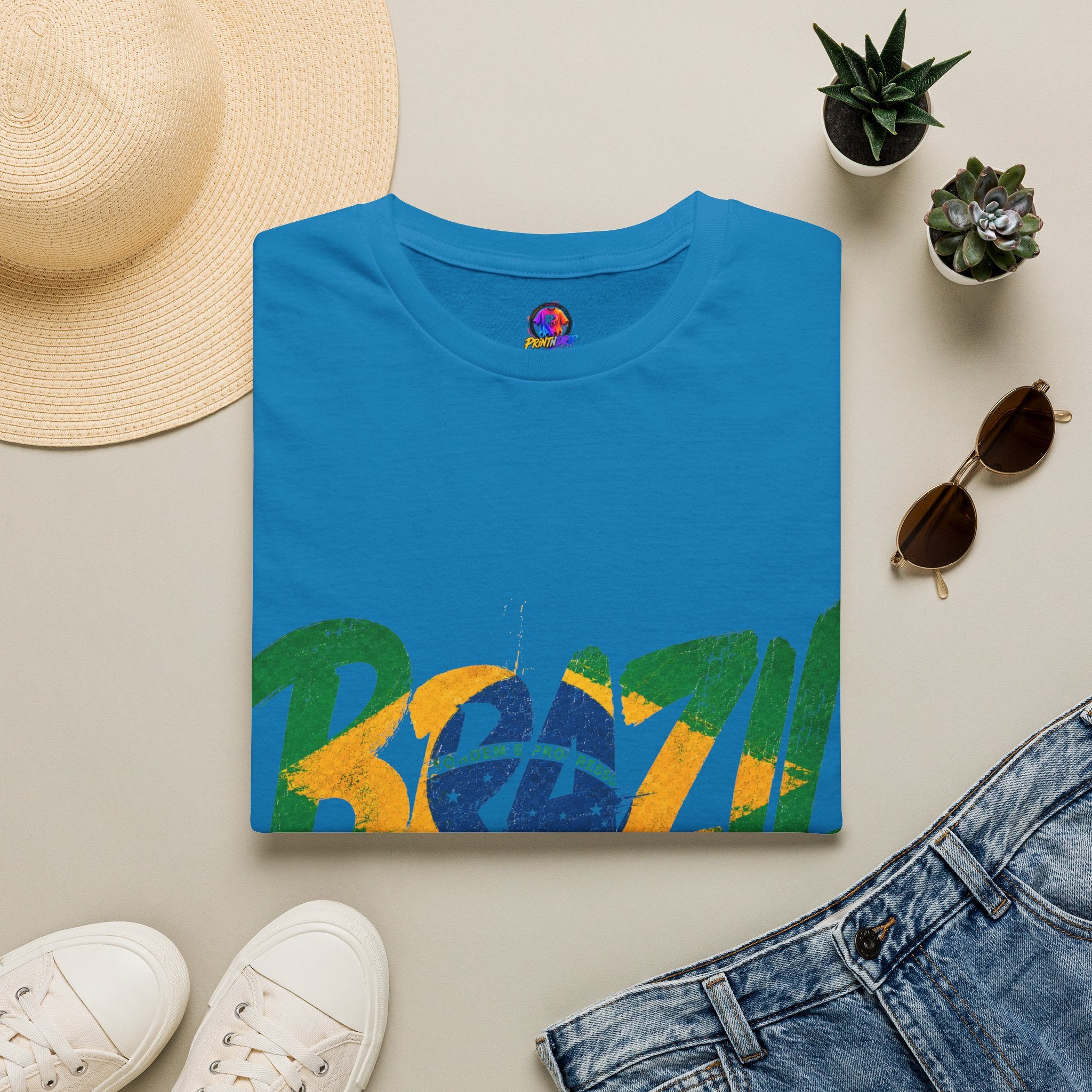 Brazil Flag Graphic T-Shirt — Bold Brazil Script with National Flag Motif