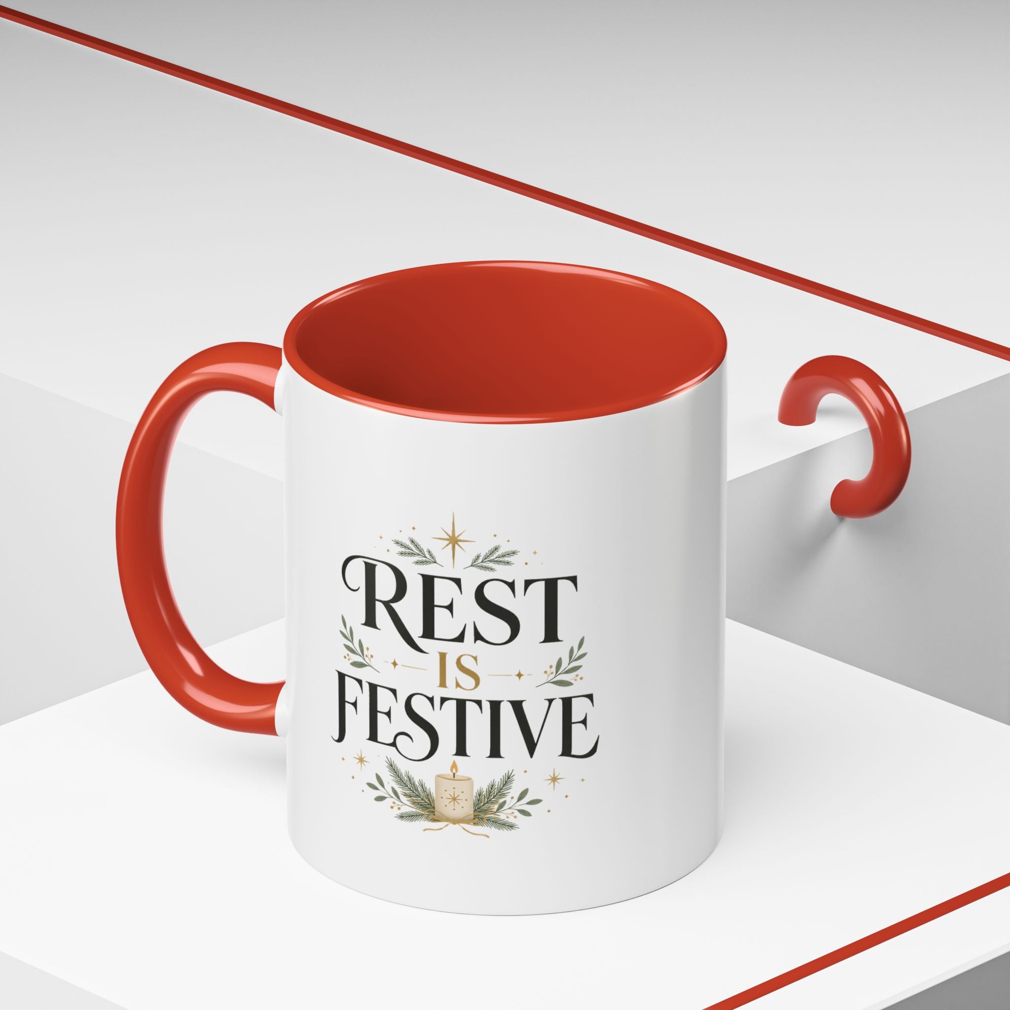 Modern Day Christmas Rest Is Festive Coffee Mug — Holiday Floral Accent