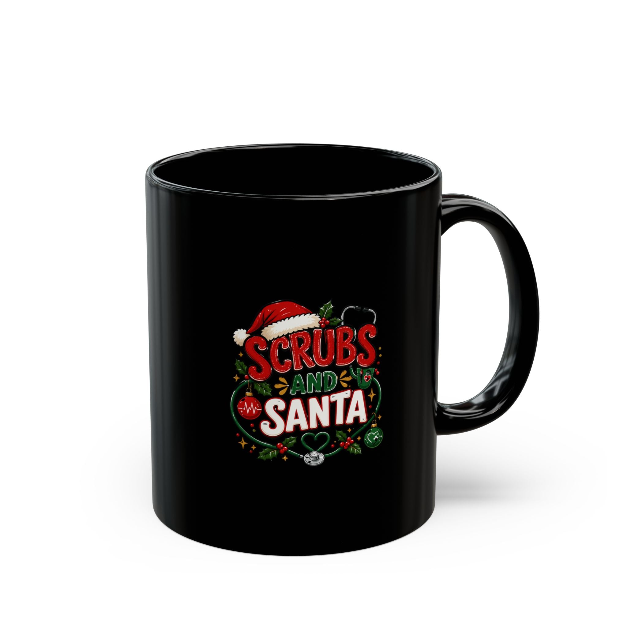 Scrubs and Santa Black Mug — Christmas Nurse Coffee Cup