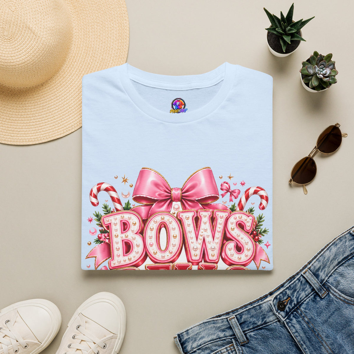 Bows Bells Bliss Christmas T‑Shirt — Pink Holiday Bow Graphic