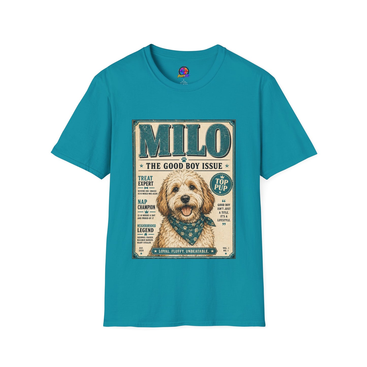 Milo 'The Good Boy Issue' Dog T‑Shirt — Vintage Puppy Magazine Design