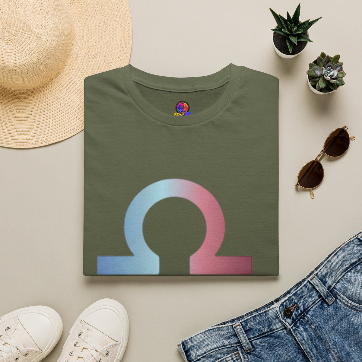 Libra Zodiac Omega Symbol T‑Shirt — Pastel Gradient Drip Graphic Shirt