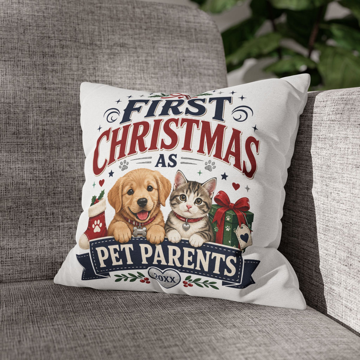 First Christmas as Pet Parents Pillowcase — Dog & Cat Holiday Throw Pillowcase