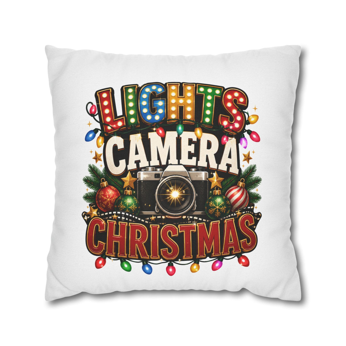 Christmas Photographer Pillowcase – “Lights Camera Christmas” Decorative Throw Pillow
