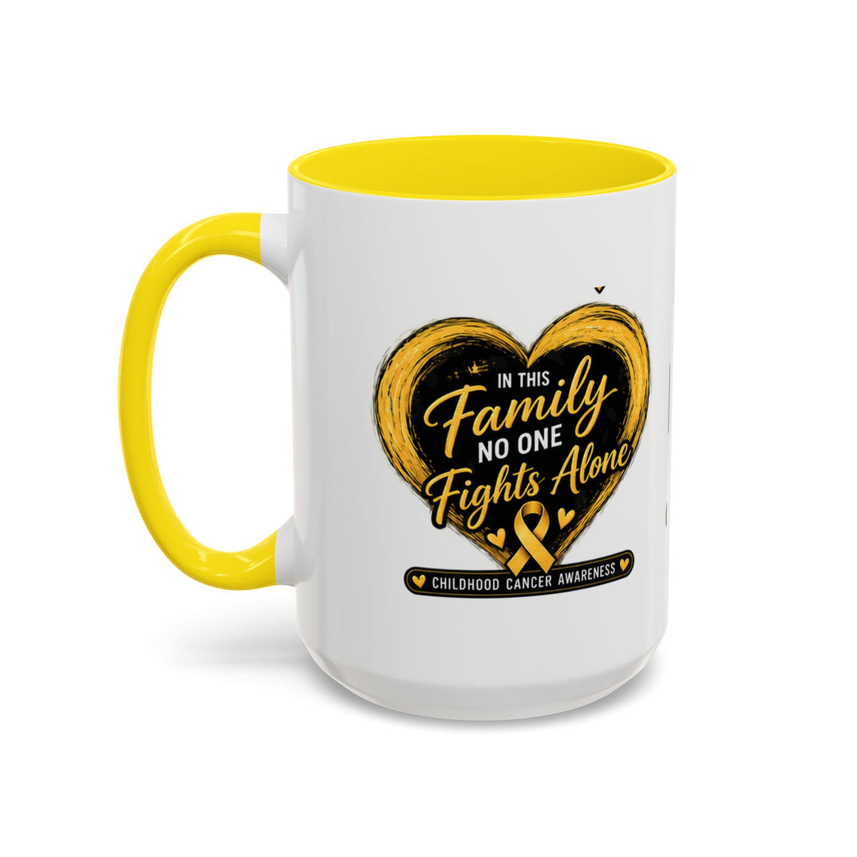 Childhood Cancer Awareness Accent Coffee Mug — "In This Family No One Fights Alone"