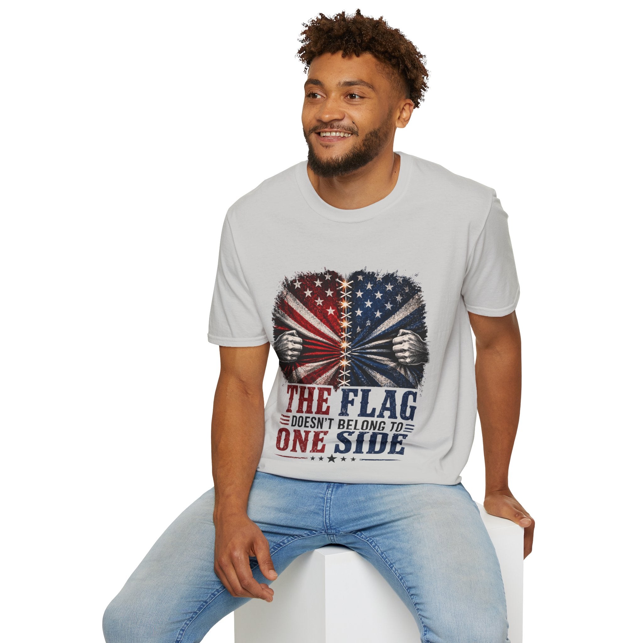 T-Shirt — "The Flag Doesn't Belong to One Side" Distressed American Flag Graphic