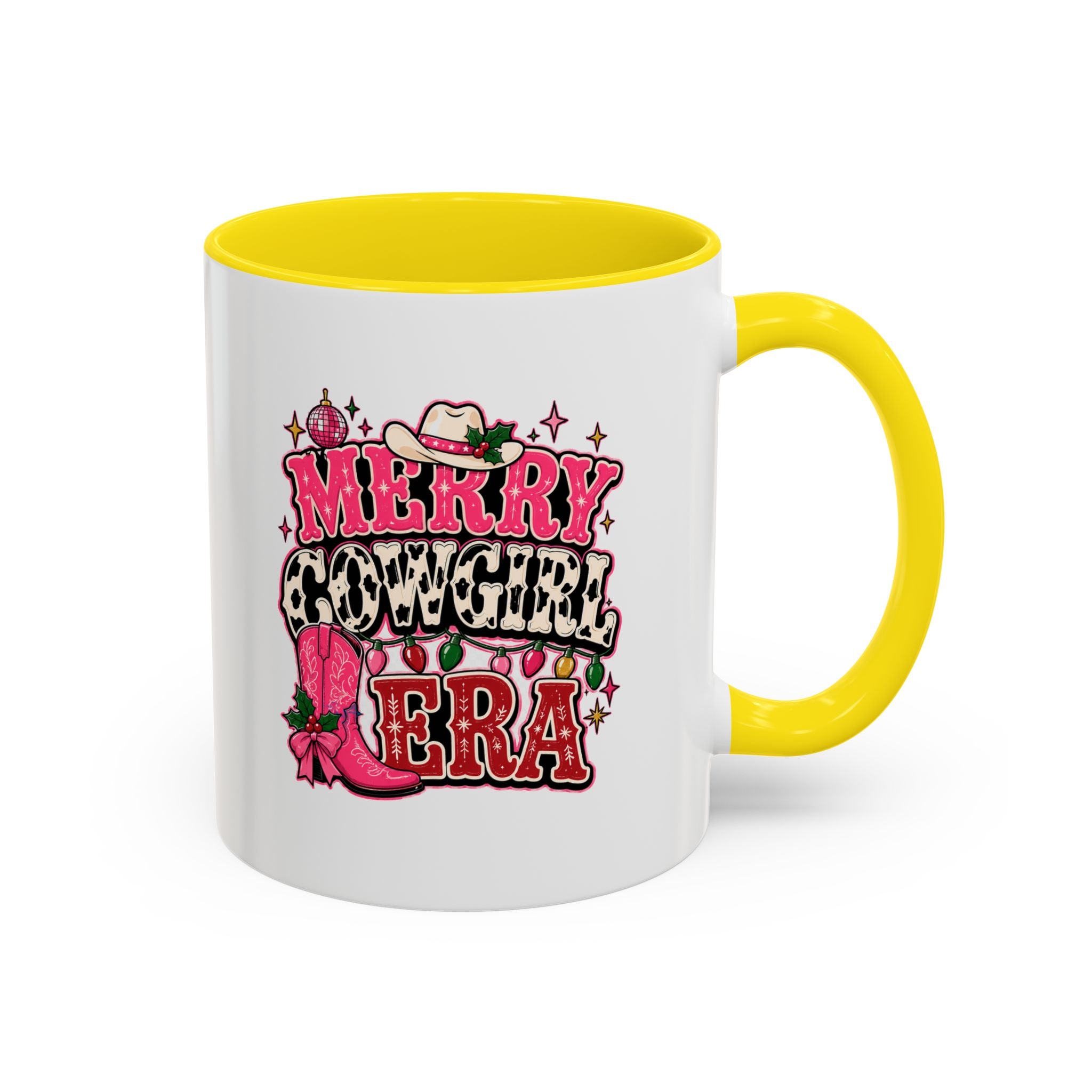 Modern Day Christmas Merry Cowgirl Era Accent Coffee Mug — Festive Pink Western Cowboy Boots & Hat Mug