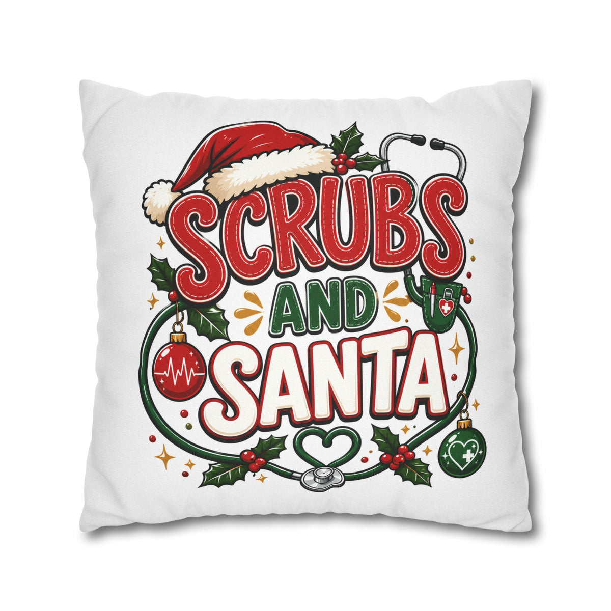 Christmas Scrubs and Santa Holiday Pillowcase – Christmas Nurse Decorative Throw Pillow Cover