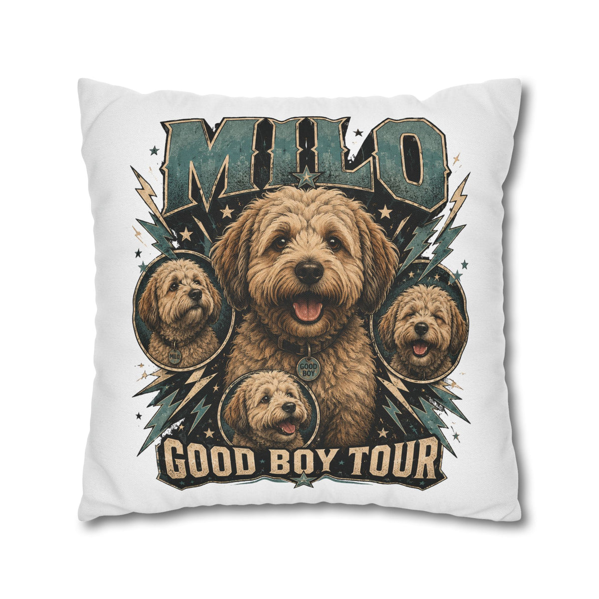 Milo "Good Boy Tour" Decorative Pillowcase — Cute Dog Portrait Square Throw Pillowcase Milo Bailey Dog Dad Mom