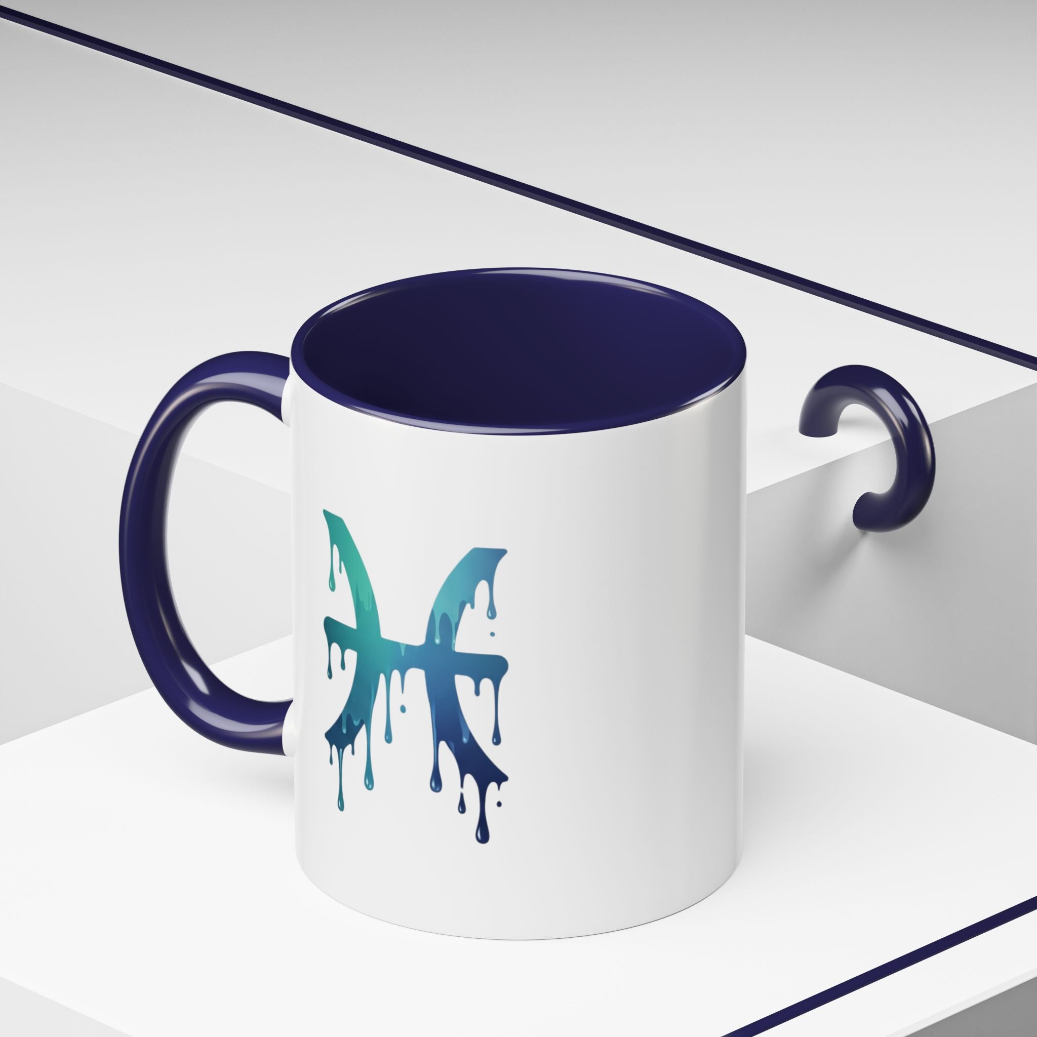 Pisces Zodiac Accent Coffee Mug — Dripping Teal Blue Astrology Gift