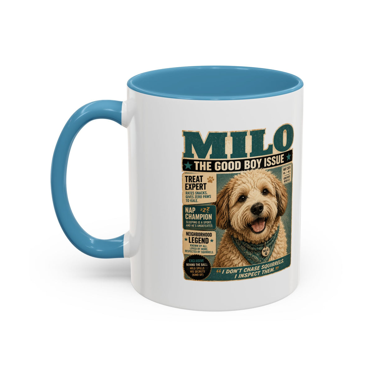 Milo Bailey Dog Dad Mom Milo 'The Good Boy Issue' Accent Coffee Mug – Cute Dog Magazine Cover Design