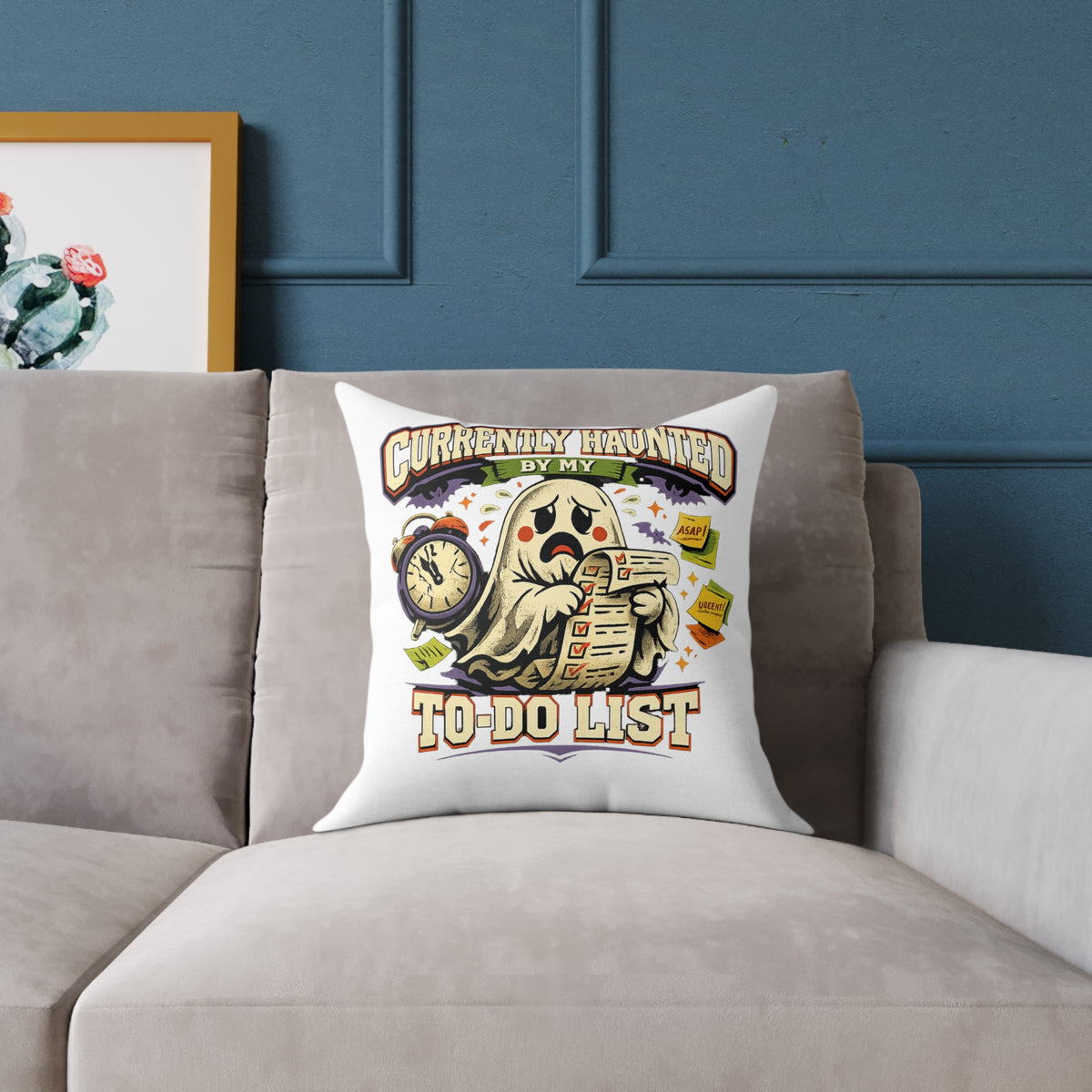 Halloween Square Poly Canvas Pillow — “Currently Haunted by My To-Do List” Halloween Ghost Decorative Throw Pillow