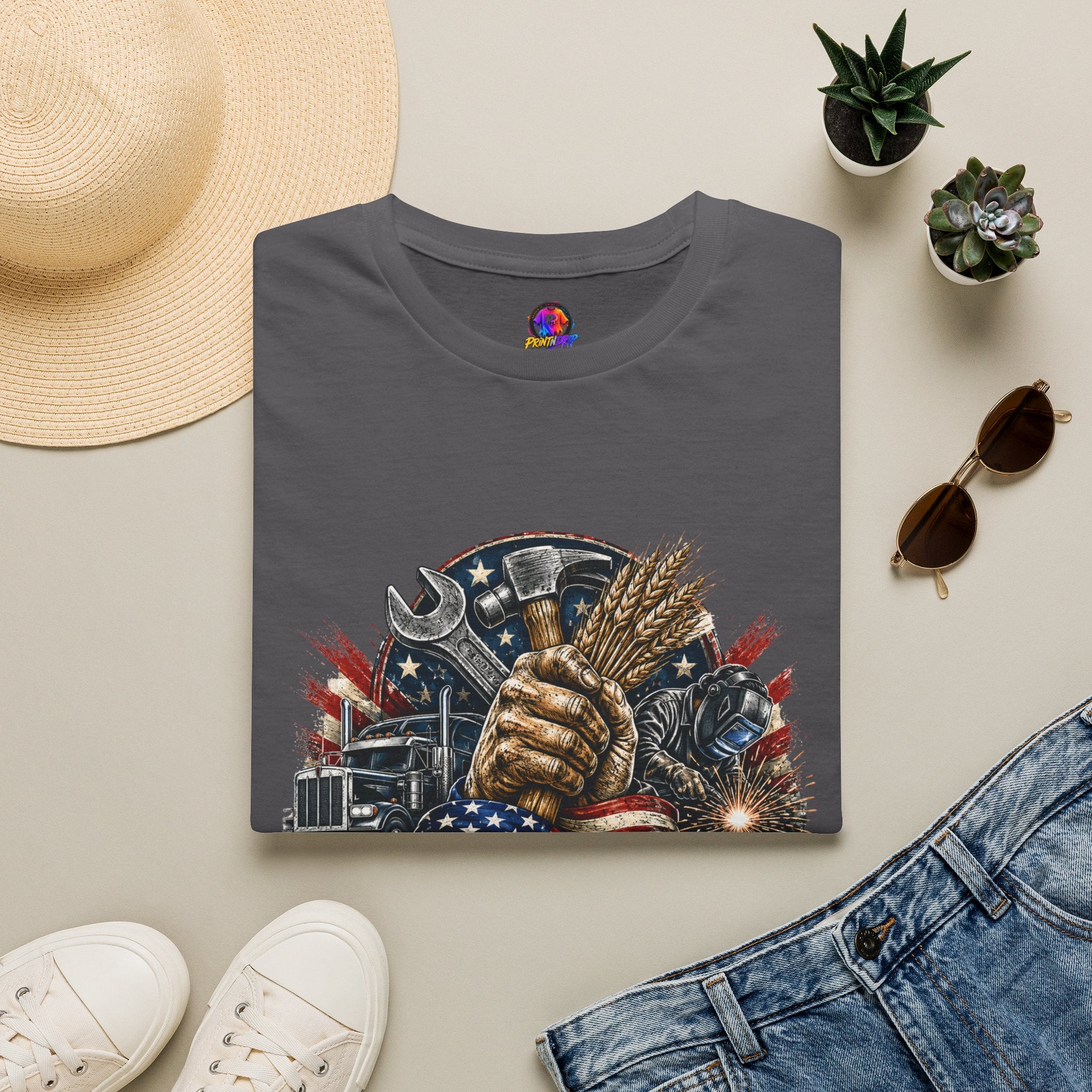 Freedom Runs on Working Hands T-Shirt — Patriotic Mechanic Tool & Wheat Design