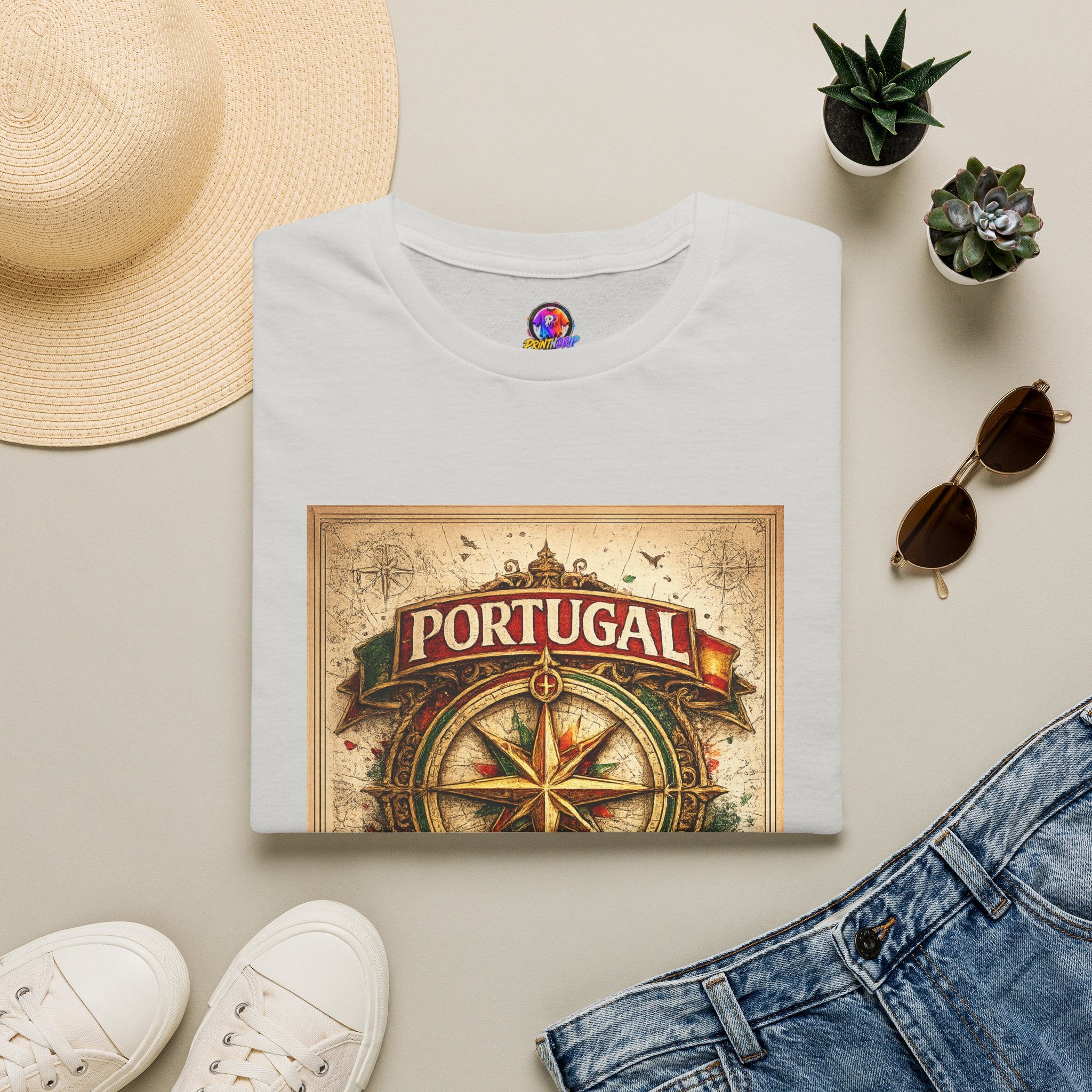 Portugal Compass T‑Shirt — Vintage Nautical Travel Tee
