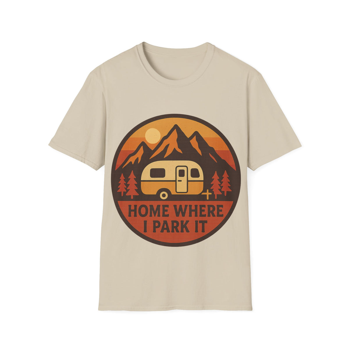 "Home Where I Park It" Vintage Camper Van Graphic Tee - Retro Sunset Mountain White T-Shirt - Trending Now - September 2026
