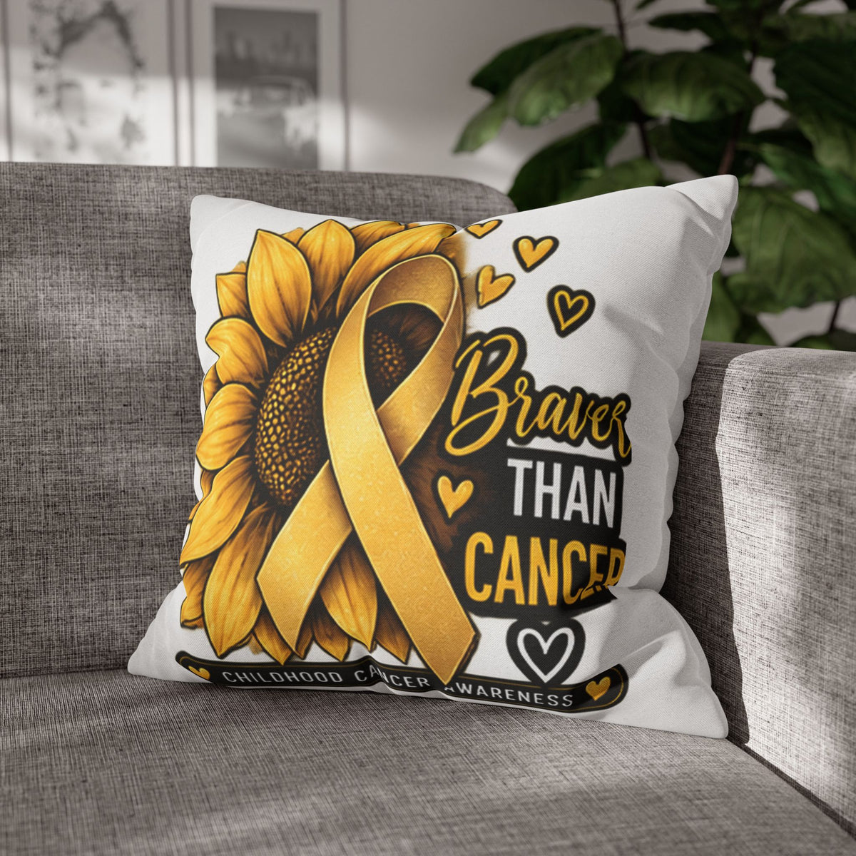 Childhood Cancer Brave Than Cancer Sunflower Ribbon Square Pillowcase