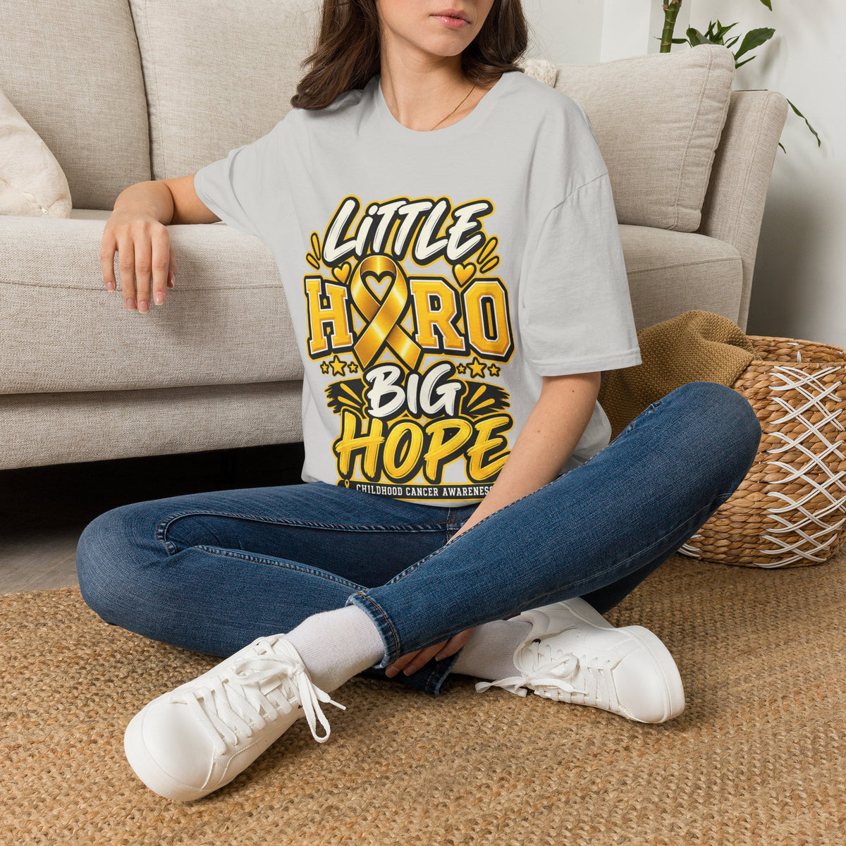 Kids Childhood Cancer Awareness T-Shirt — "Little Hero Big Hope" Gold Ribbon