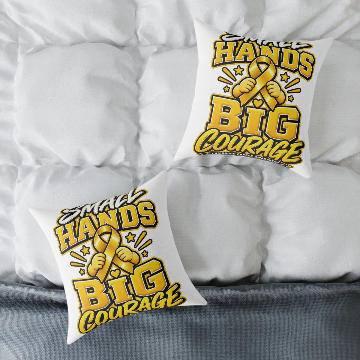 Square Pillow — "Small Hands Big Courage" Gold Ribbon Awareness Throw Pillow