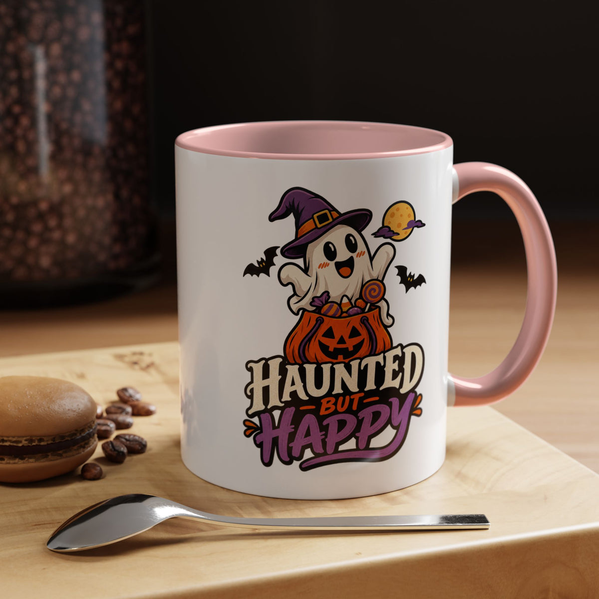Haunted But Happy Coffee Mug — Halloween Ghost Pumpkin Accent Mug (11/15oz)