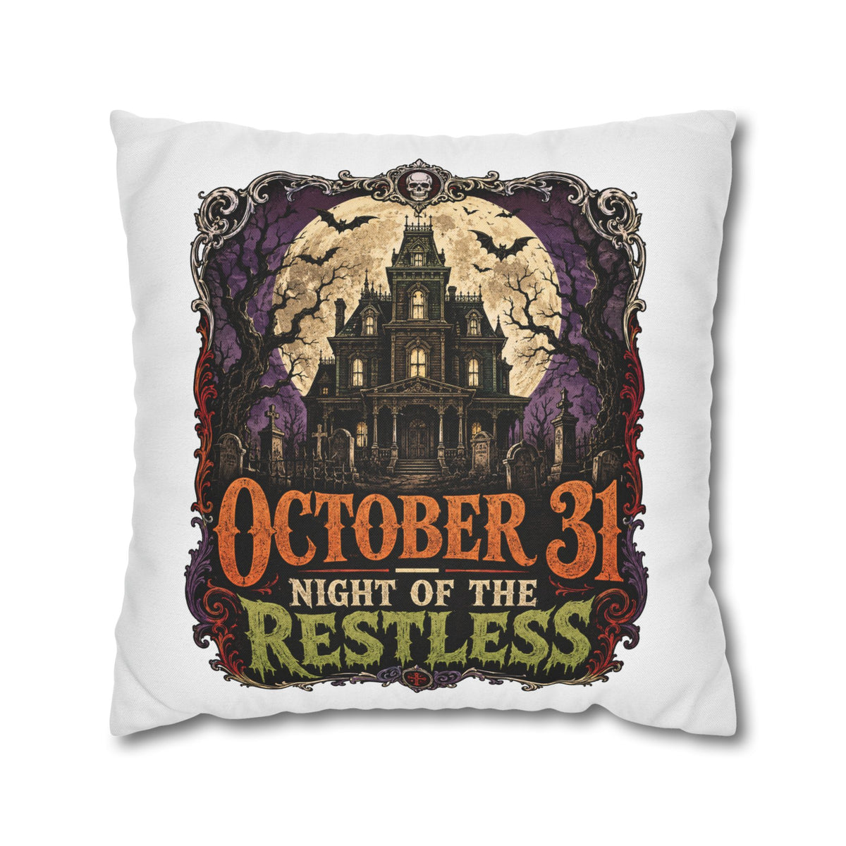 Halloween Pillowcase — "October 31 Night of the Restless" Haunted House Throw Pillow