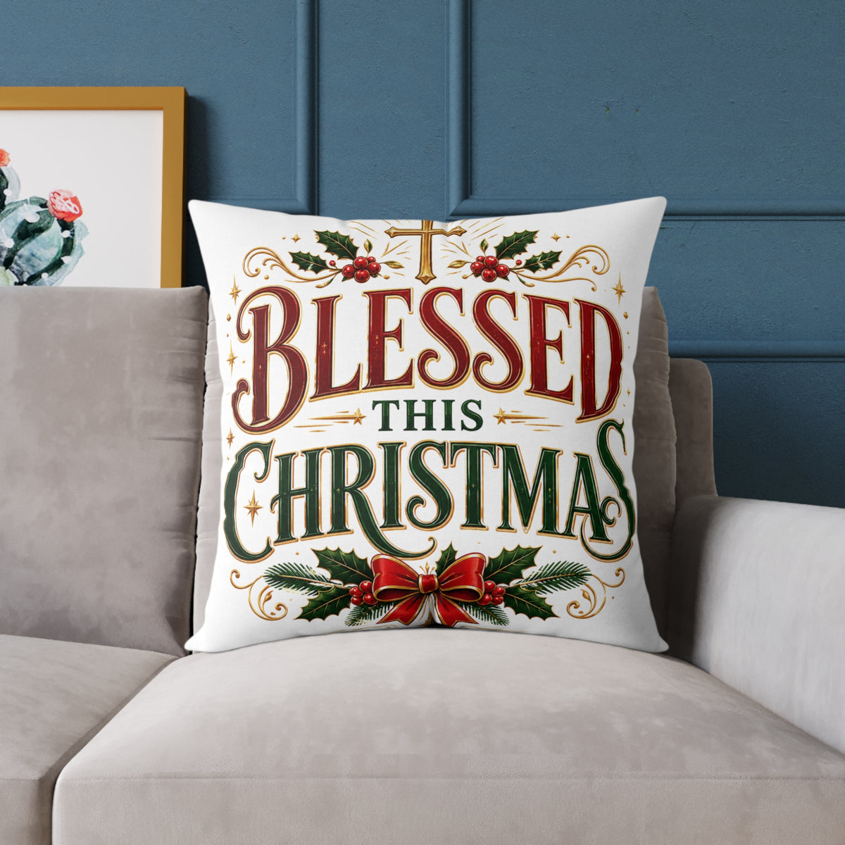 Blessed This Christmas Square Poly Canvas Pillow