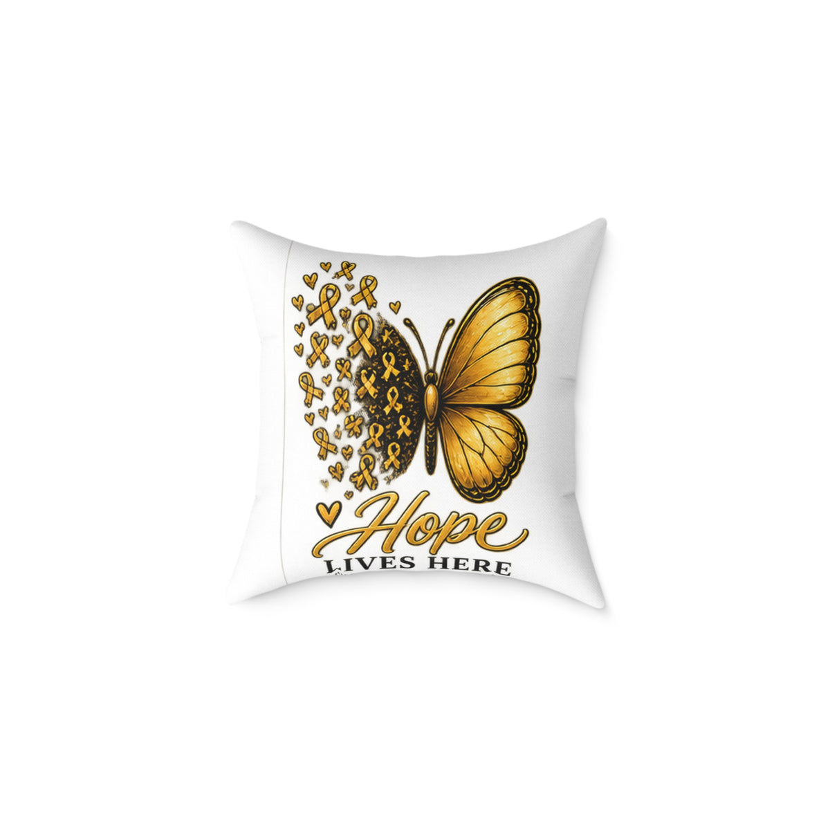 Childhood Cancer Hope Lives Here Butterfly Pillow — Gold Awareness Ribbon Accent