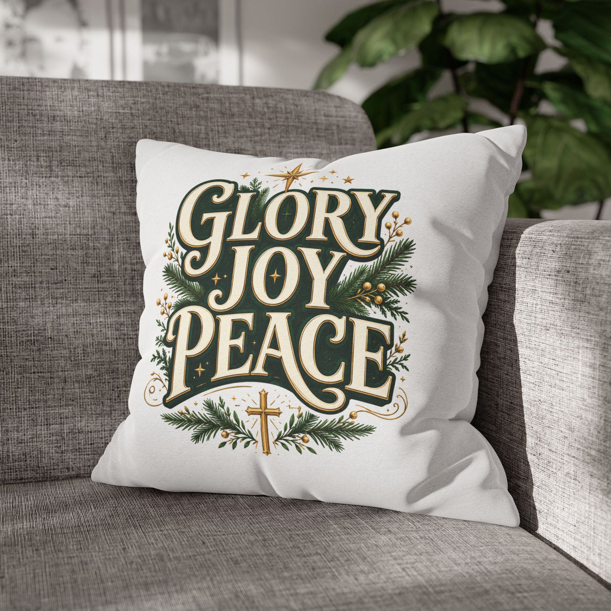 Christmas Pillowcase — "Glory Joy Peace" Decorative Holiday Throw Pillow Cover