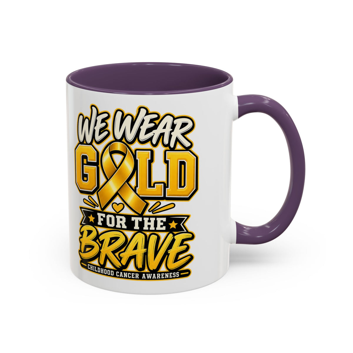 Childhood Cancer Awareness Accent Coffee Mug – "We Wear Gold for the Brave" (11/15 oz)