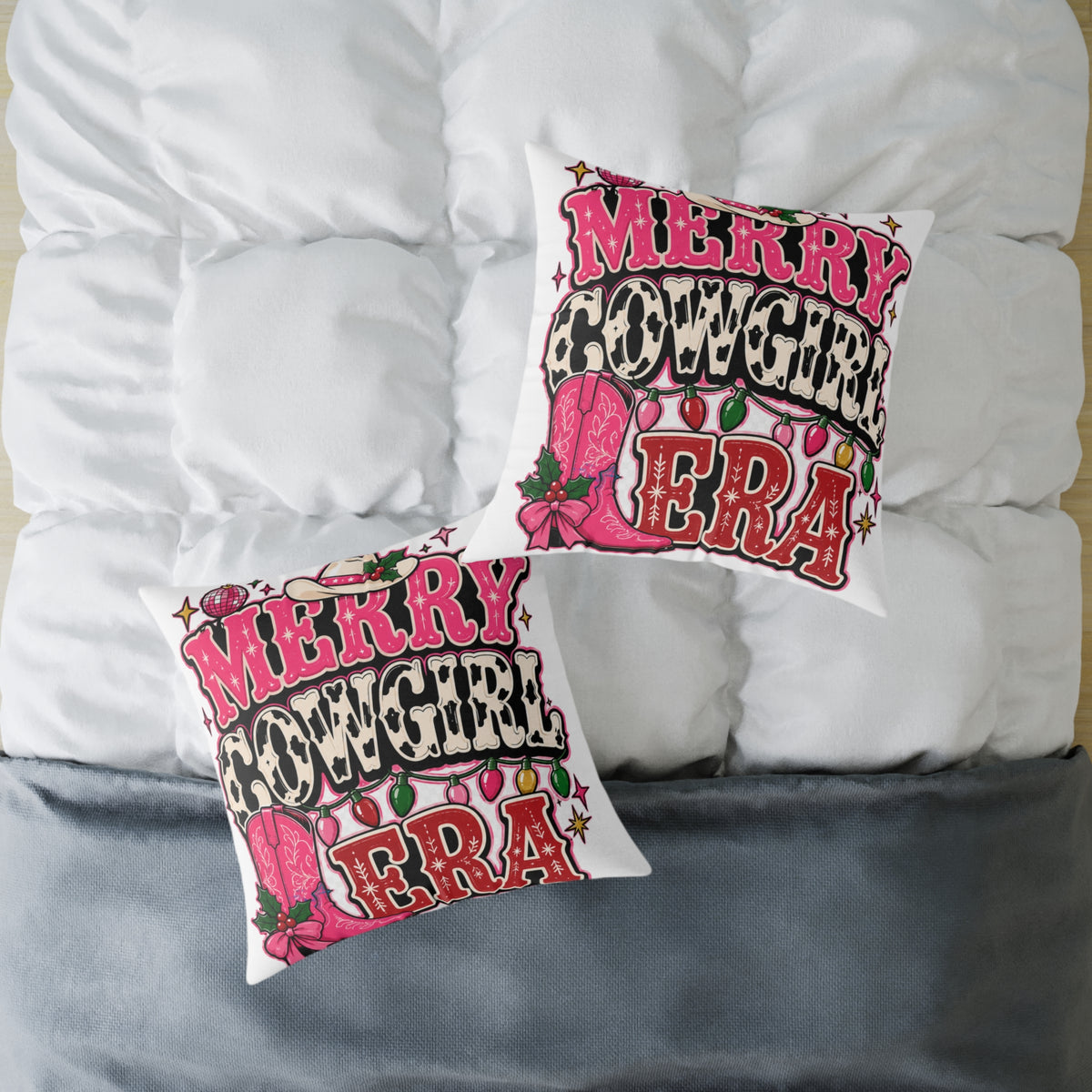 Merry Cowgirl Era Modern Day Christmas Square Poly Canvas Pillow