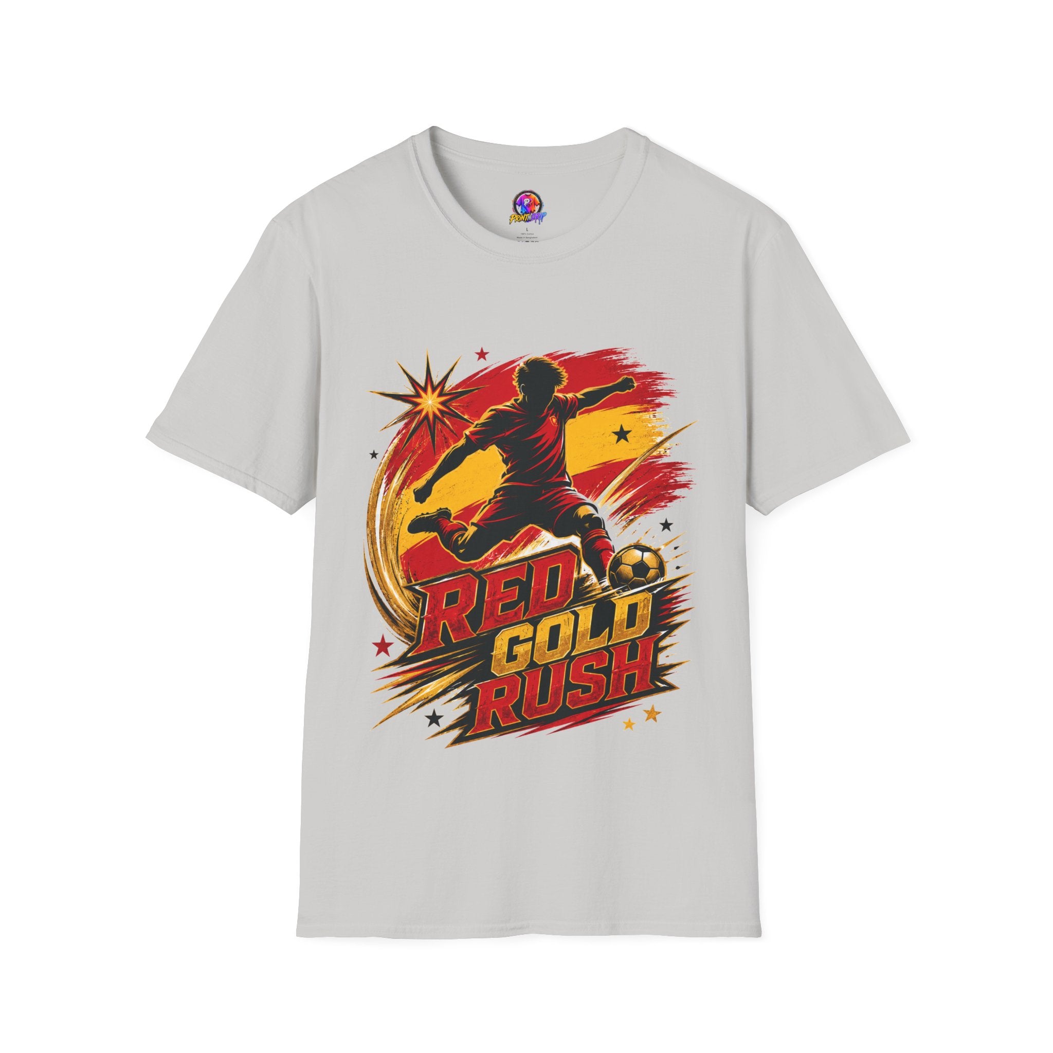 Spain Red & Gold Rush Soccer T-Shirt — Retro Soccer Player Graphic