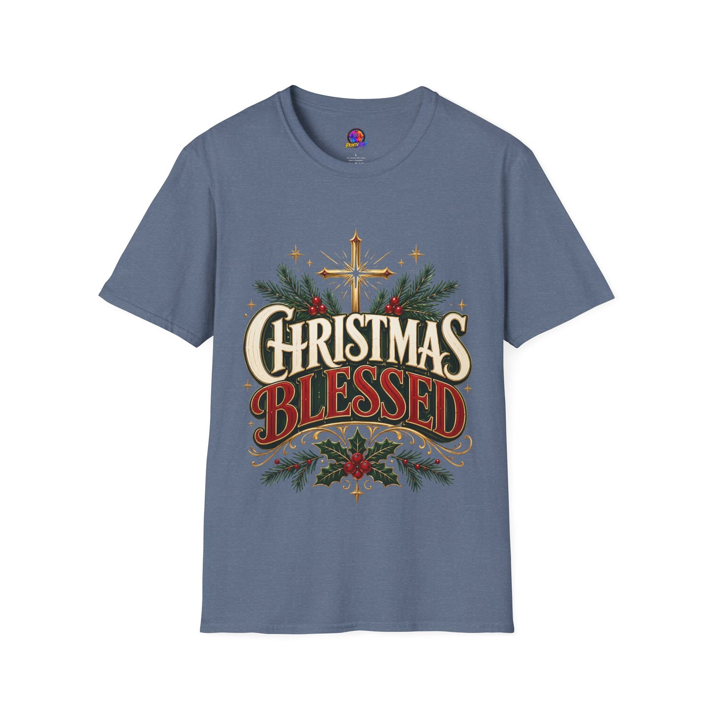 Christmas Blessed T-Shirt — Faith-Based Holiday Tee with Cross & Pine Design