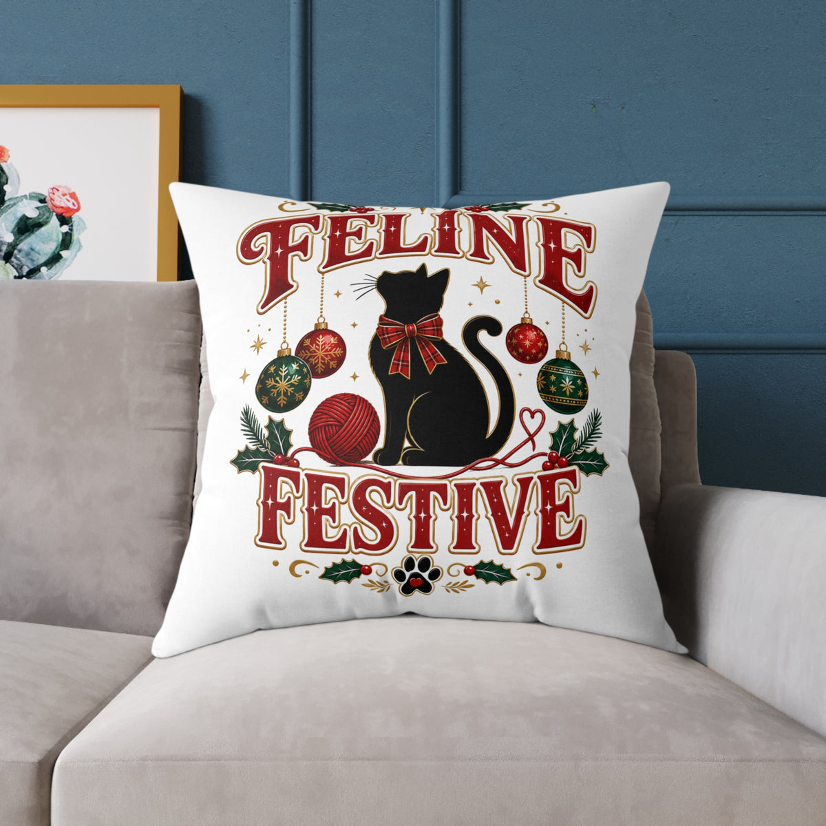 Christmas Feline Festive Square Pillow - Holiday Cat Decor