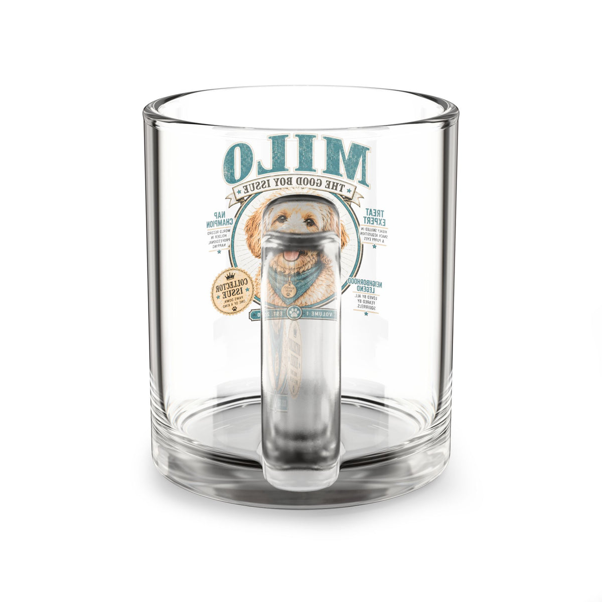 Milo 'The Good Boy Issue' 10oz Glass Mug — Cute Doodle Dog Coffee Cup