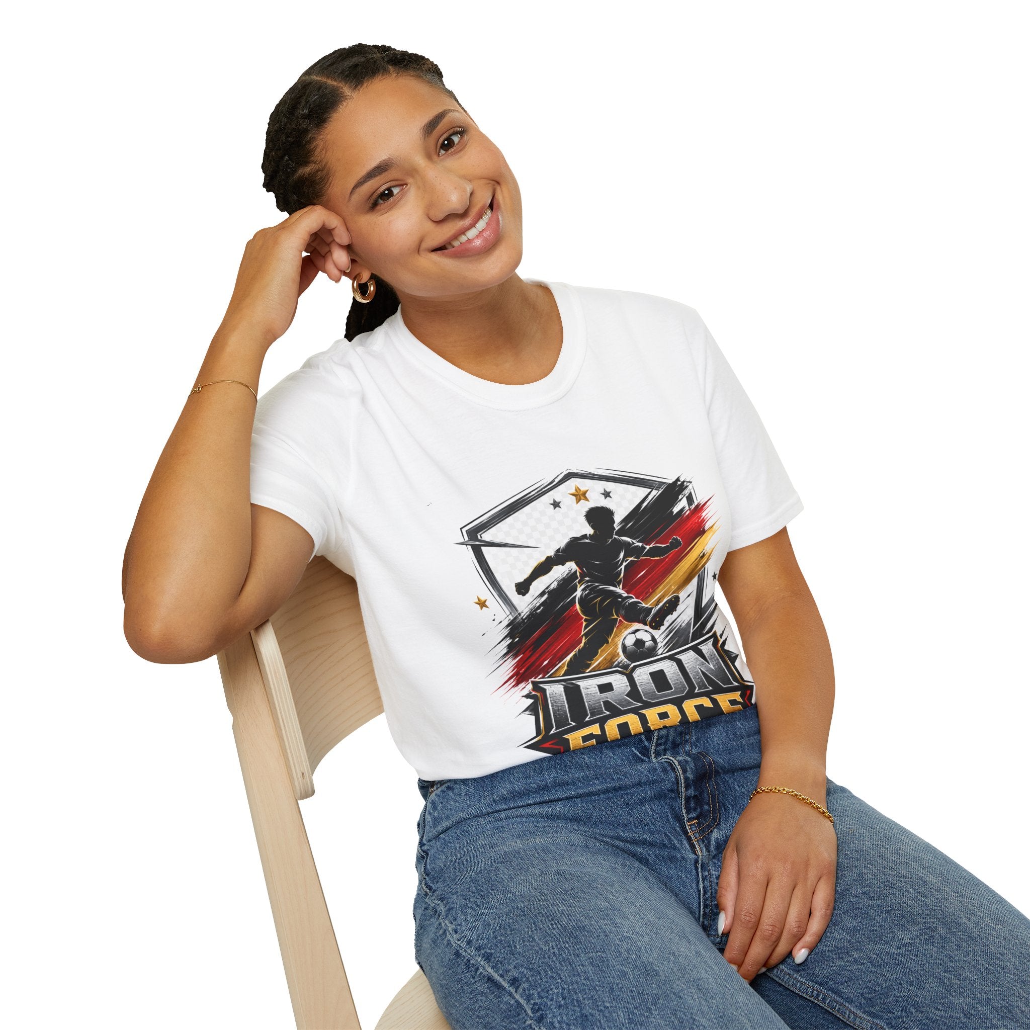 Germany Soccer 'Iron Force' Graphic T-Shirt — Player Silhouette with Red & Gold Brushstroke Emblem
