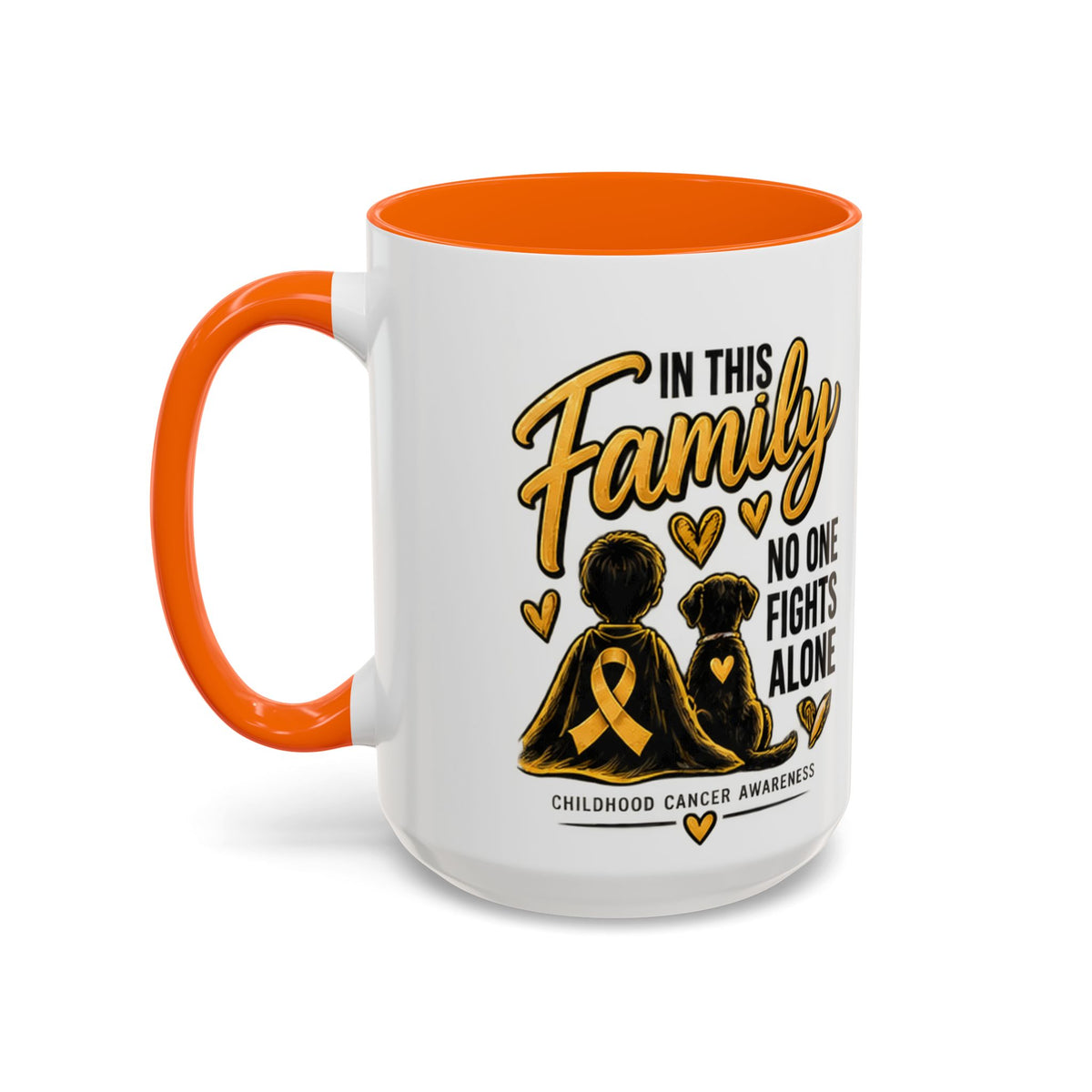 Childhood Cancer Awareness Accent Coffee Mug – "In This Family No One Fights Alone" (11/15oz)