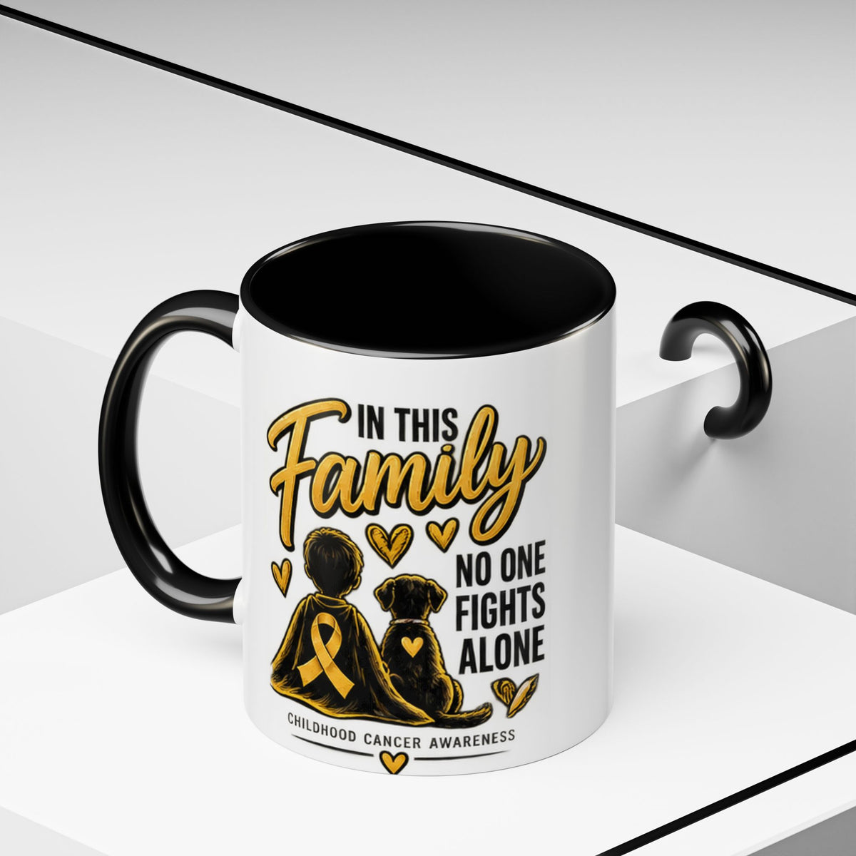 Childhood Cancer Awareness Accent Coffee Mug – "In This Family No One Fights Alone" (11/15oz)