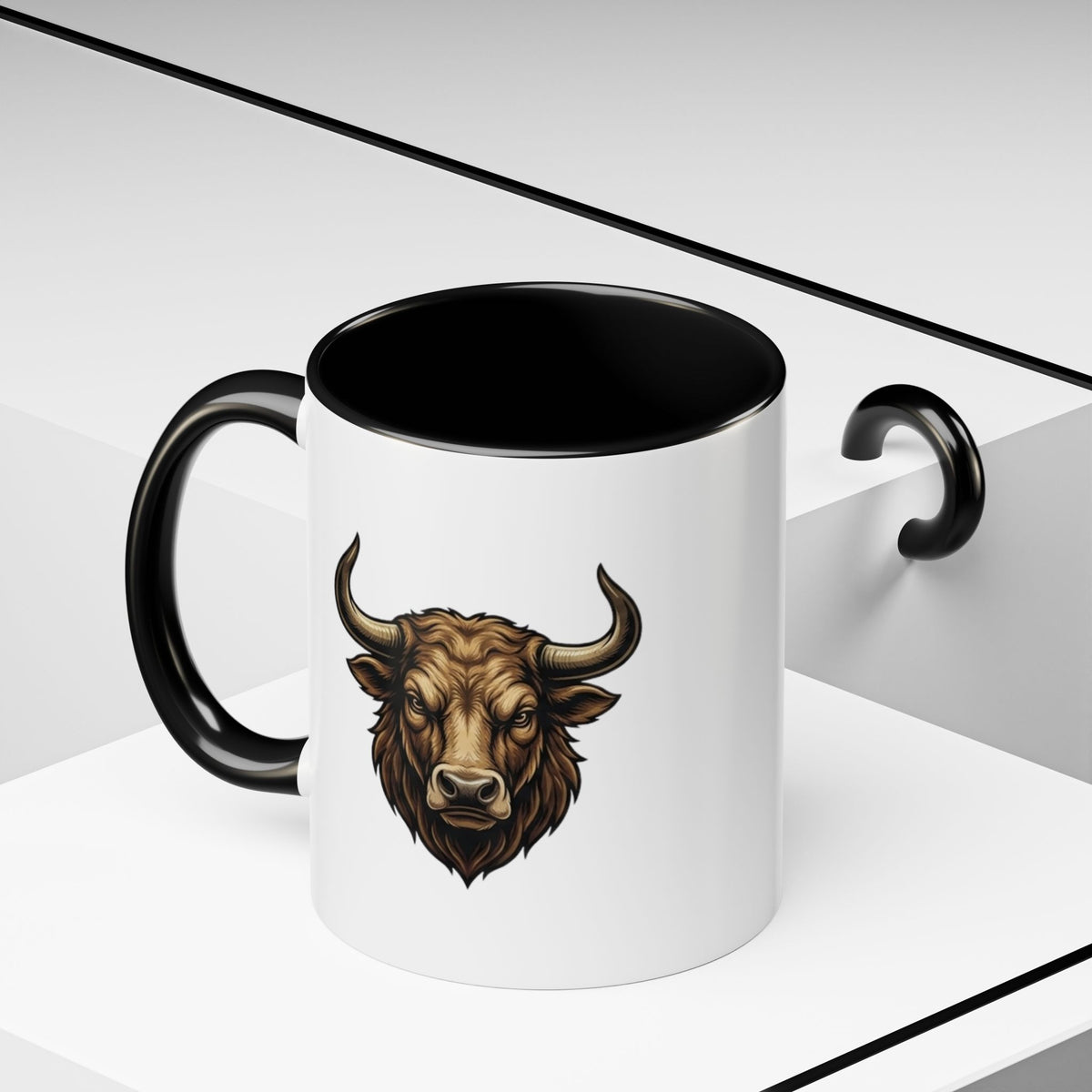 Taurus Bull Head Accent Coffee Mug — Rustic Bull Illustration Ceramic Mug